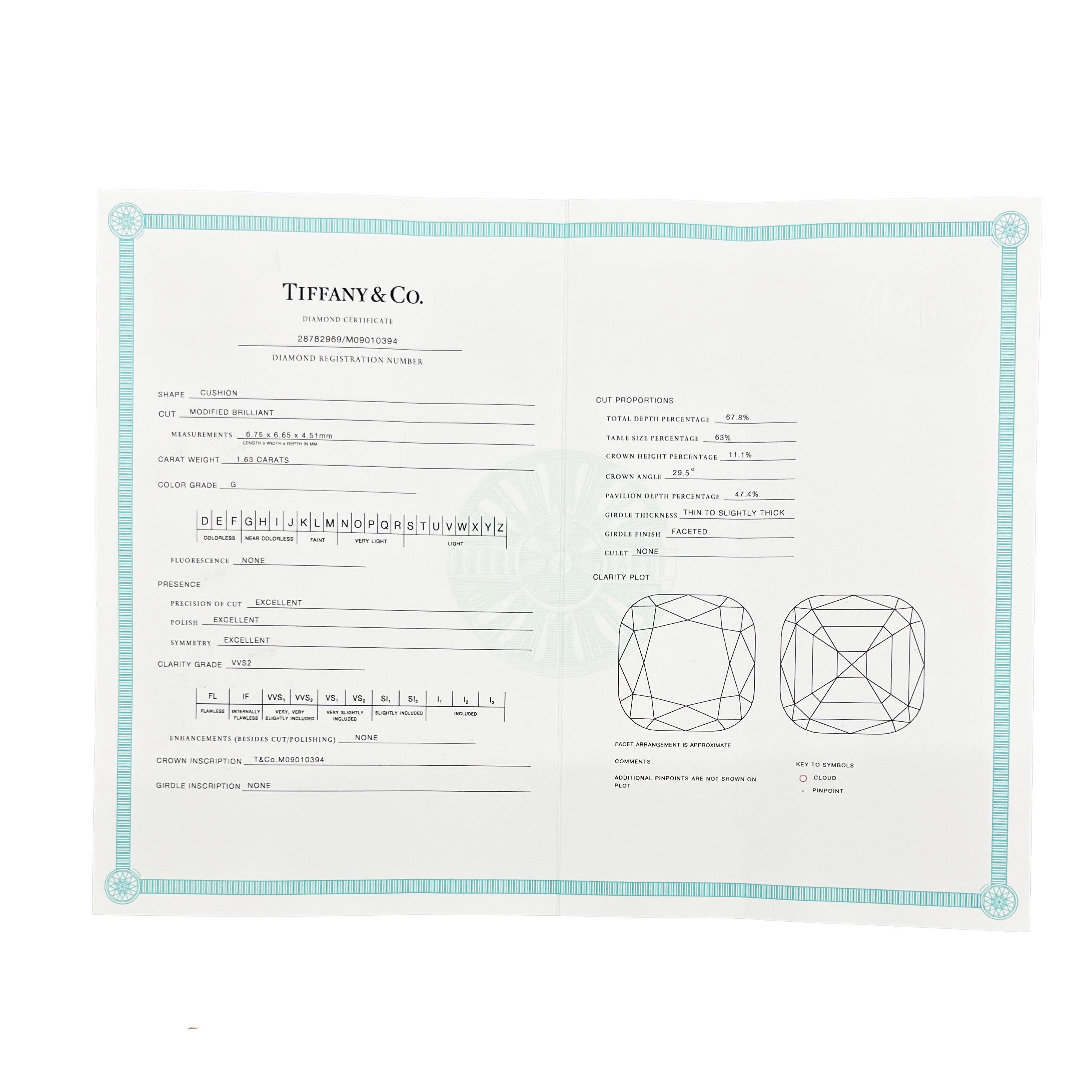 Anello di fidanzamento Legacy con diamante a cuscino da 1,63 carati di Tiffany & Co. in vendita 1