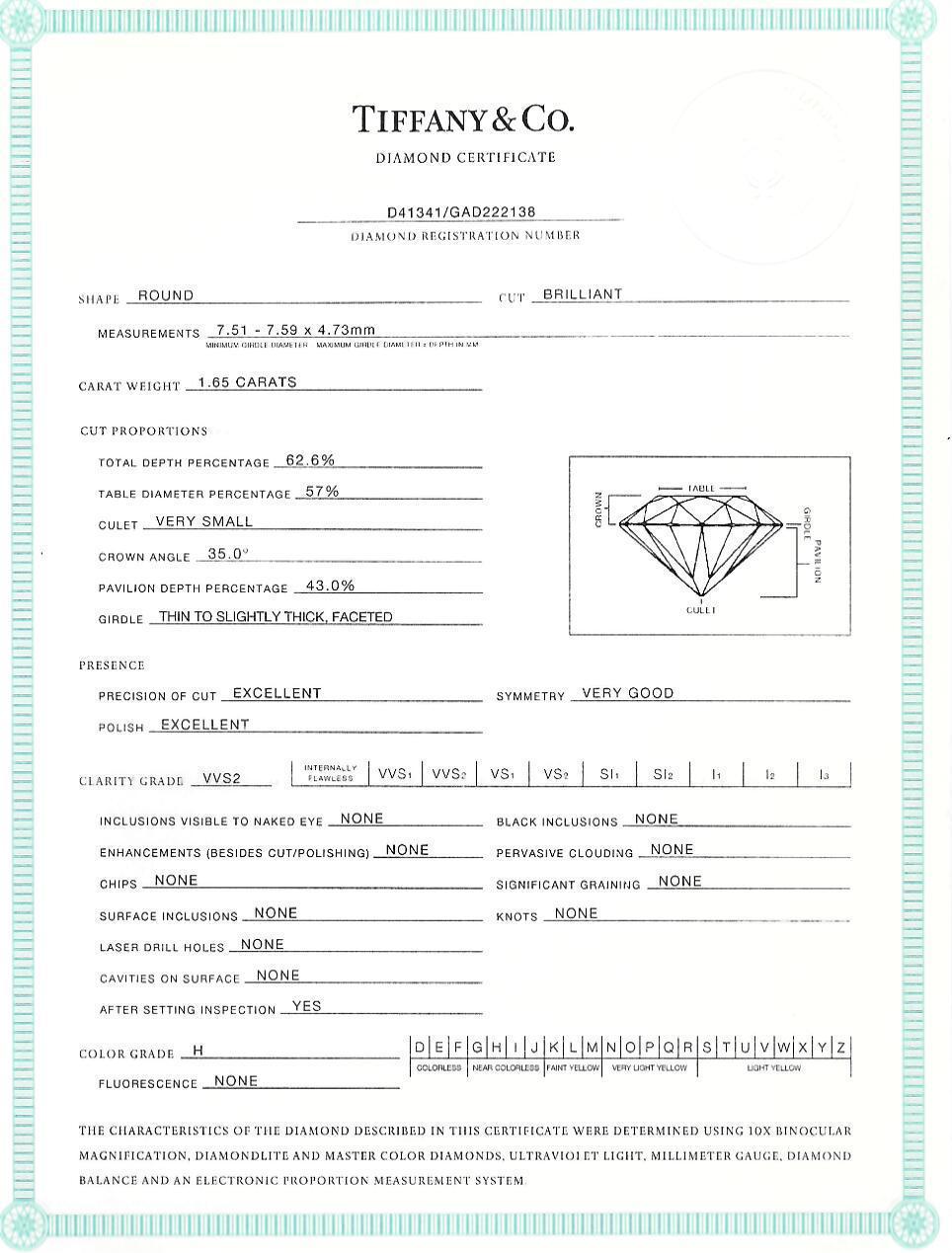 Tiffany & Co, bague de fiançailles en or jaune 18 carats et platine avec diamants de 1,65 carat, certifiés GIA en vente 8