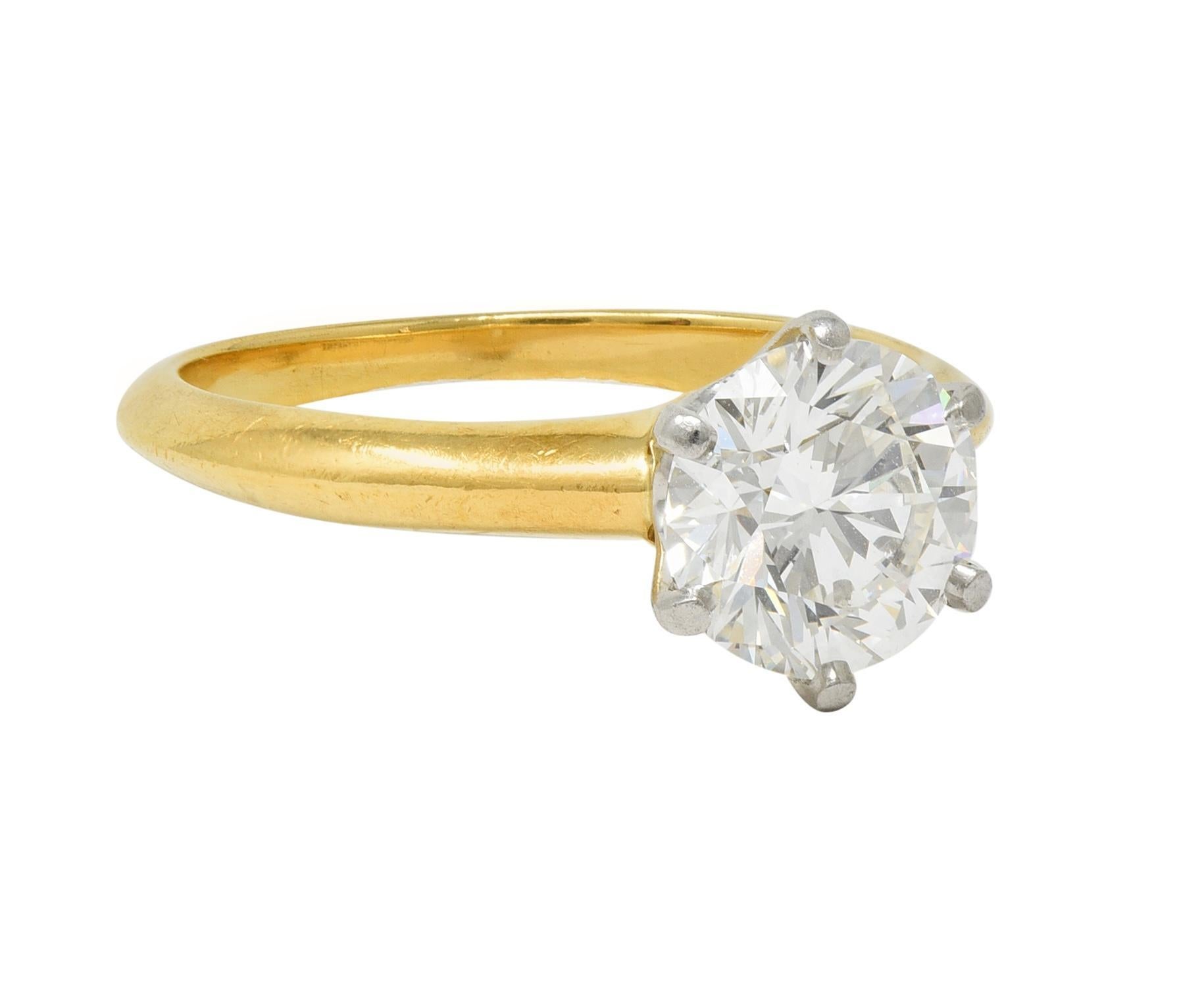 Taille ronde Tiffany & Co, bague de fiançailles en or jaune 18 carats et platine avec diamants de 1,65 carat, certifiés GIA en vente