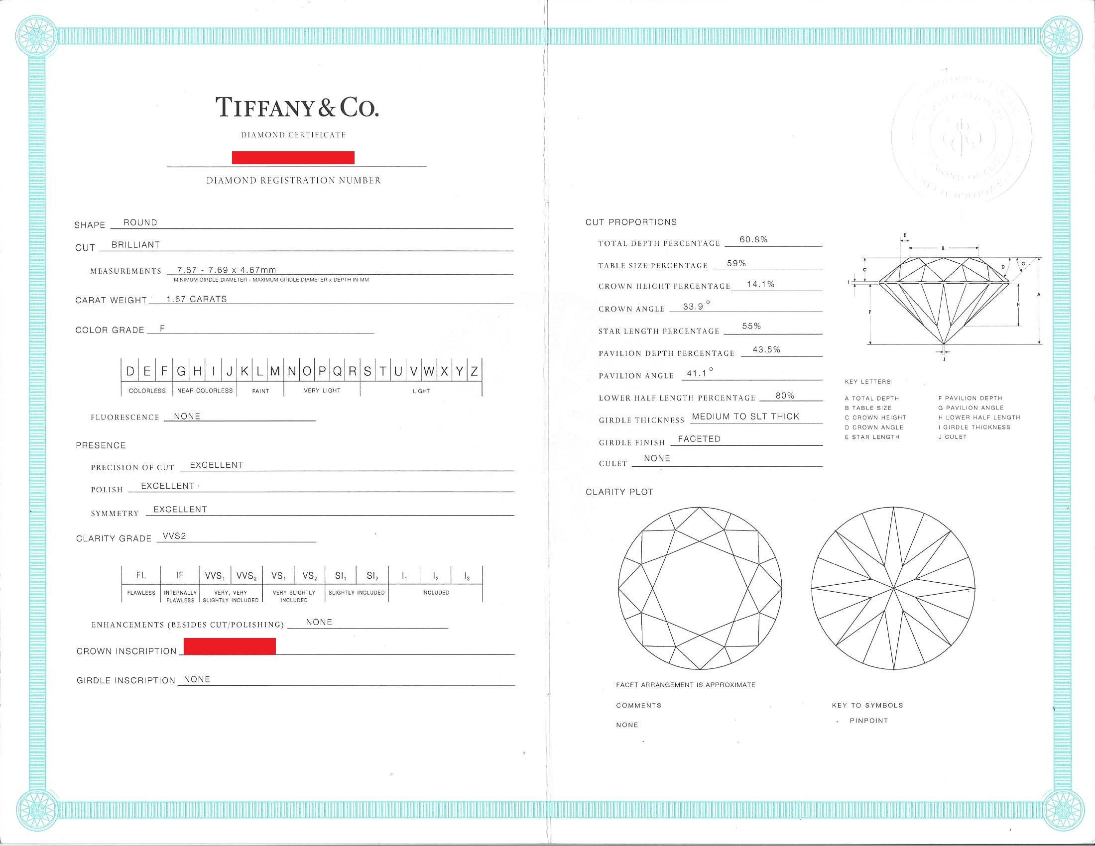 Tiffany & Co. 1.67 Carat F VVS2 Diamond Platinum Ring For Sale 6