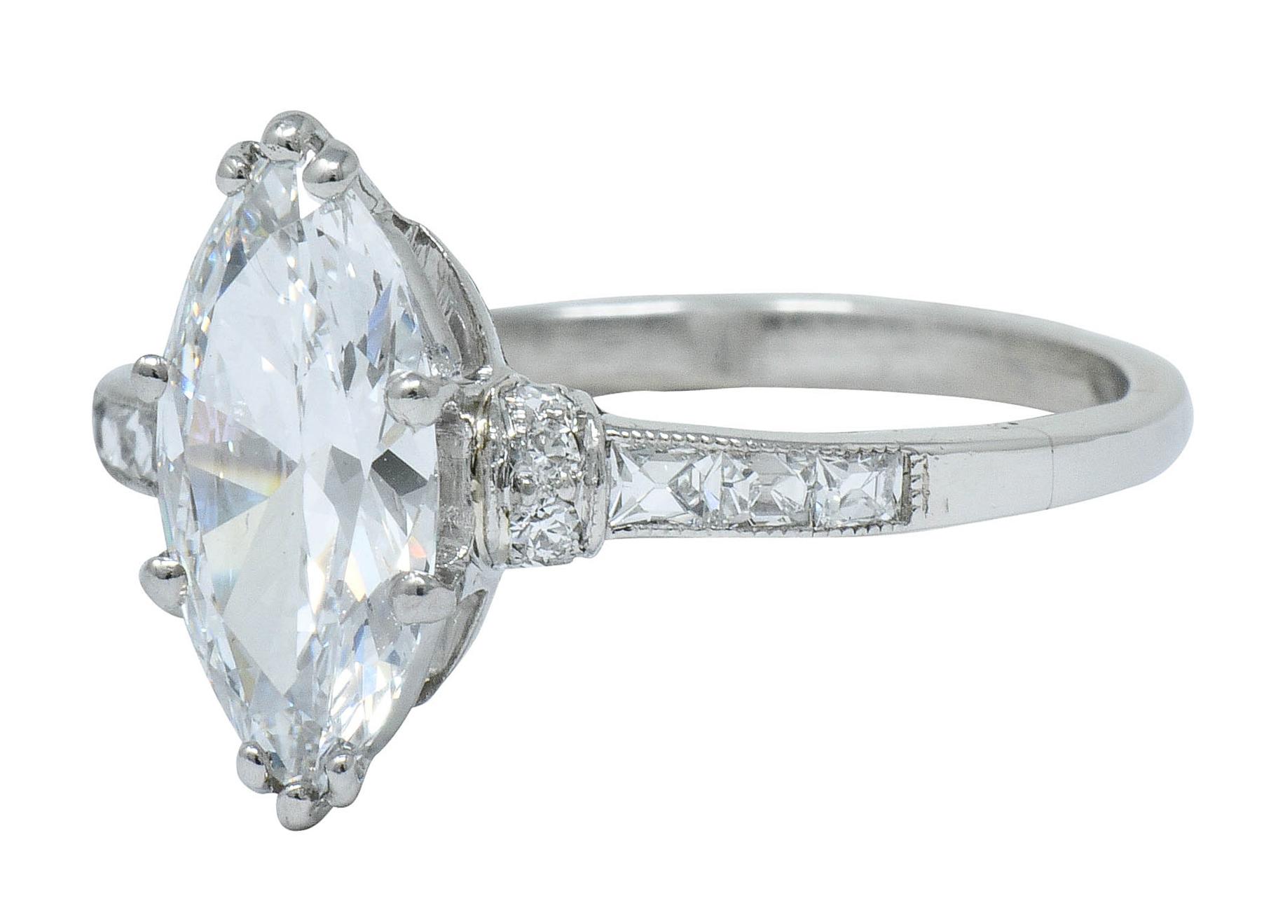 Tiffany & Co. 1.69 Carat Art Deco Marquise Cut Diamond Platinum Engagement Ring  In Excellent Condition In Philadelphia, PA