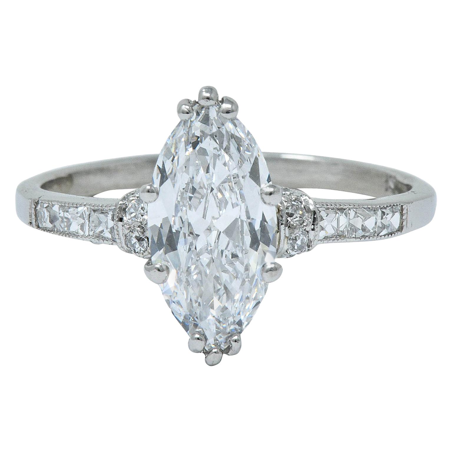 Tiffany & Co. 1.69 Carat Art Deco Marquise Cut Diamond Platinum Engagement Ring 