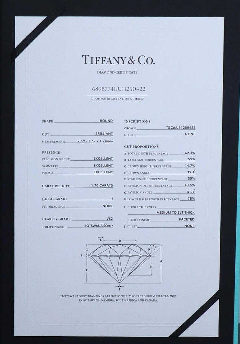 da uomo o donna Tiffany & Co. 1.70 Ct. Anello di fidanzamento con diamante taglio Brilliante rotondo in vendita