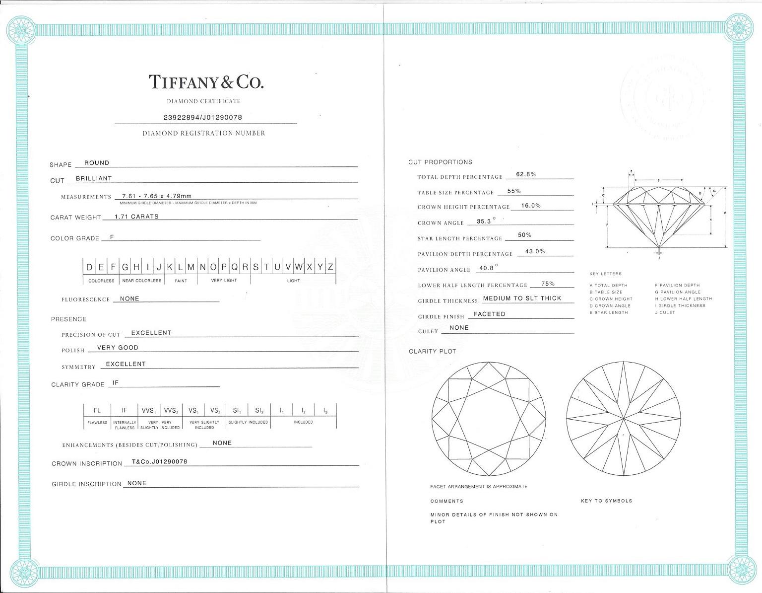 Tiffany & Co. 1.71 Carat F IF Diamond Platinum Ring For Sale 3
