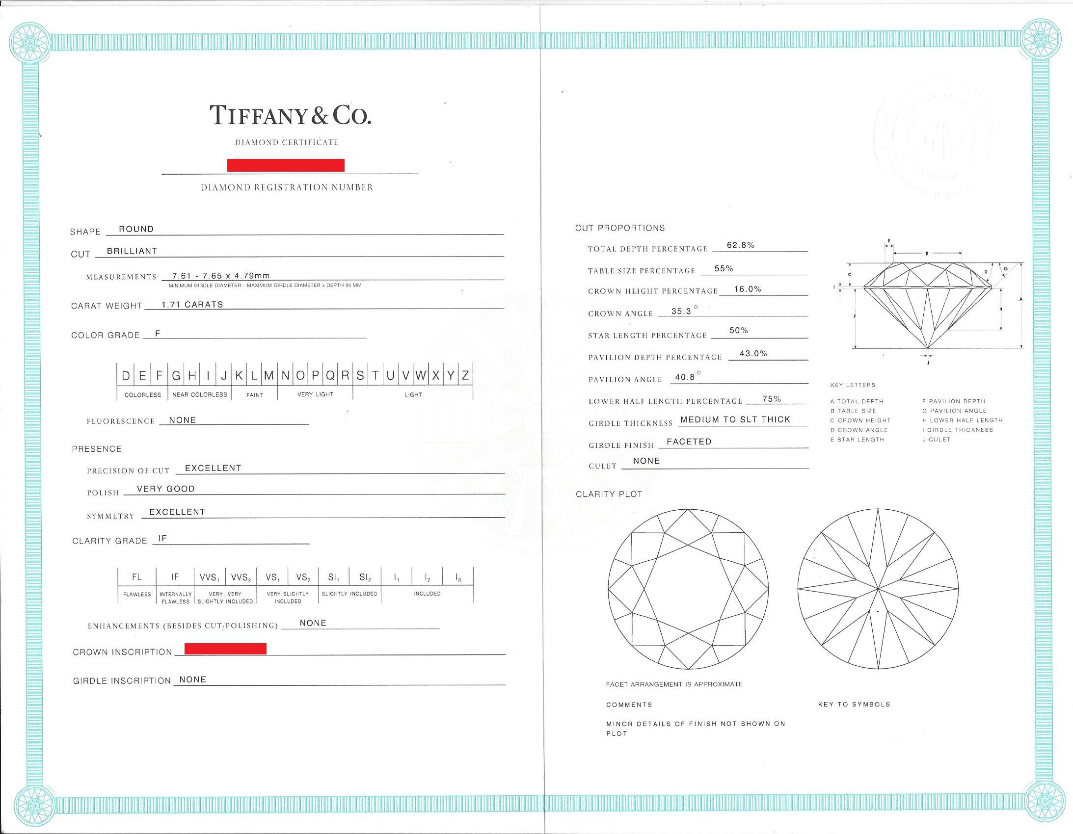 Tiffany & Co. 1.71 Carat F IF Diamond Platinum Ring For Sale 6