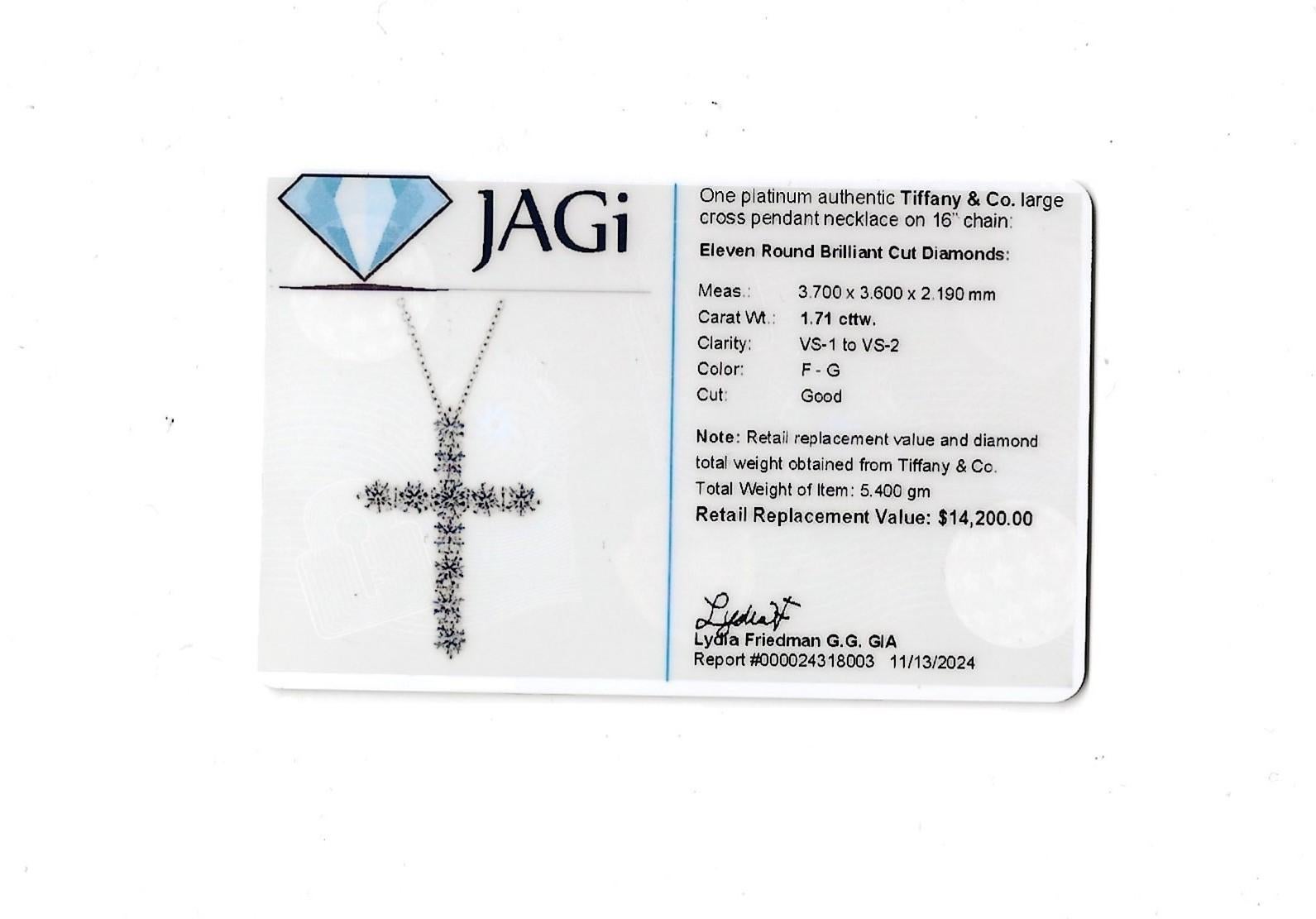 Tiffany & Co. 1.71 Carat Total Diamond Large Cross Pendant Necklace in Platinum For Sale 6