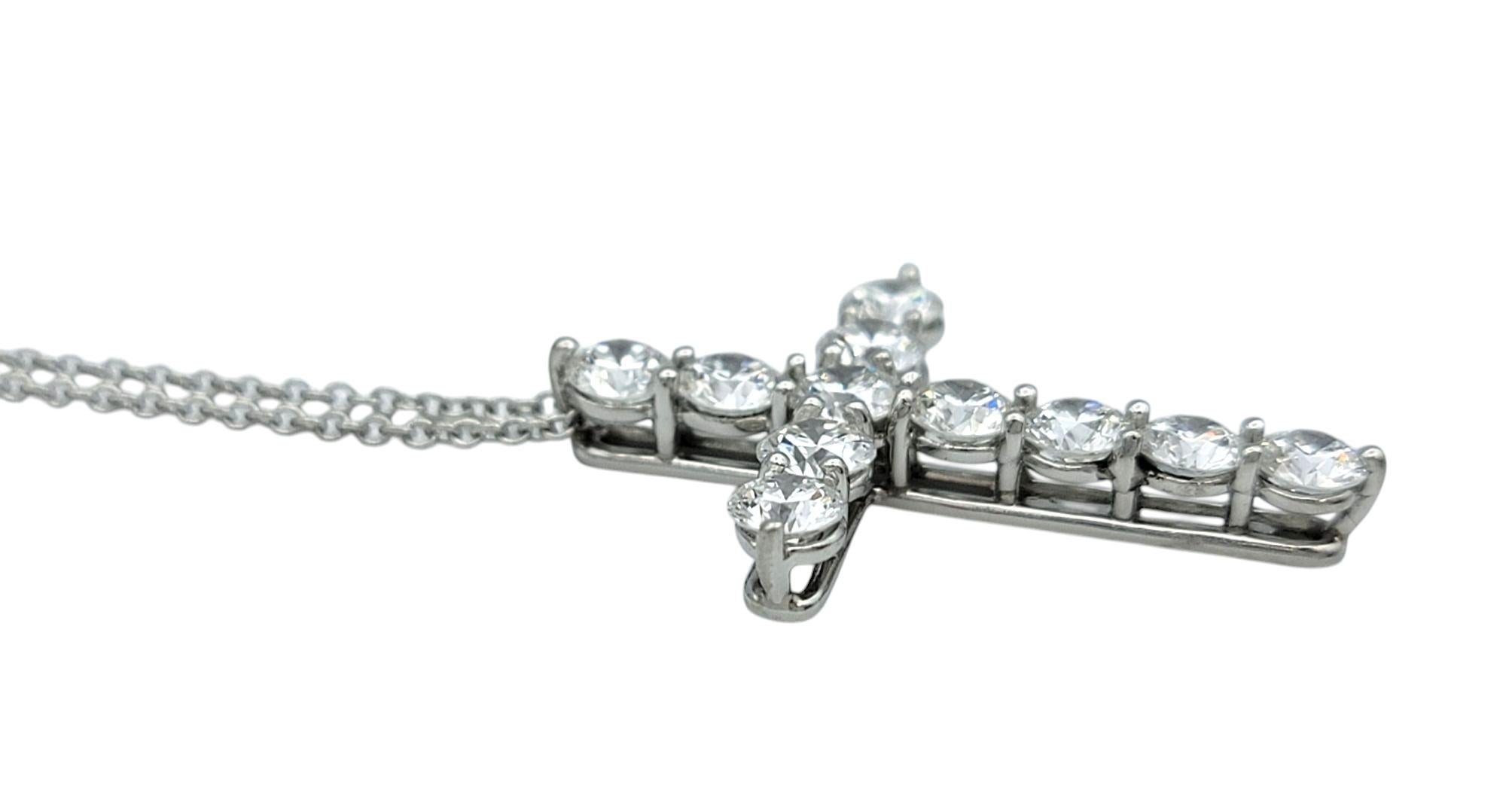 Round Cut Tiffany & Co. 1.71 Carat Total Diamond Large Cross Pendant Necklace in Platinum For Sale