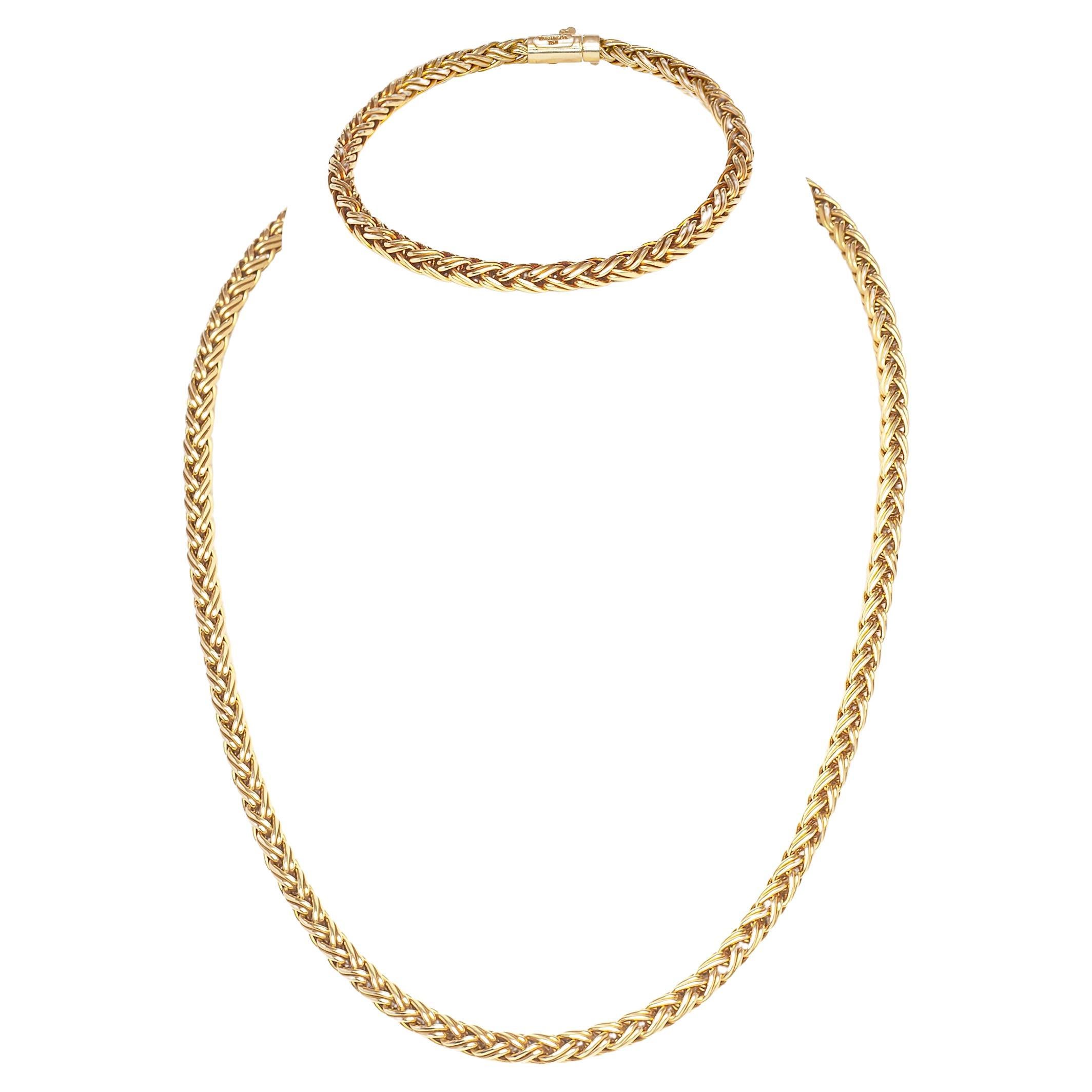 Tiffany & Co. 18 Carat Yellow Gold Braided Wheat Chain Necklace and Bracelet Set