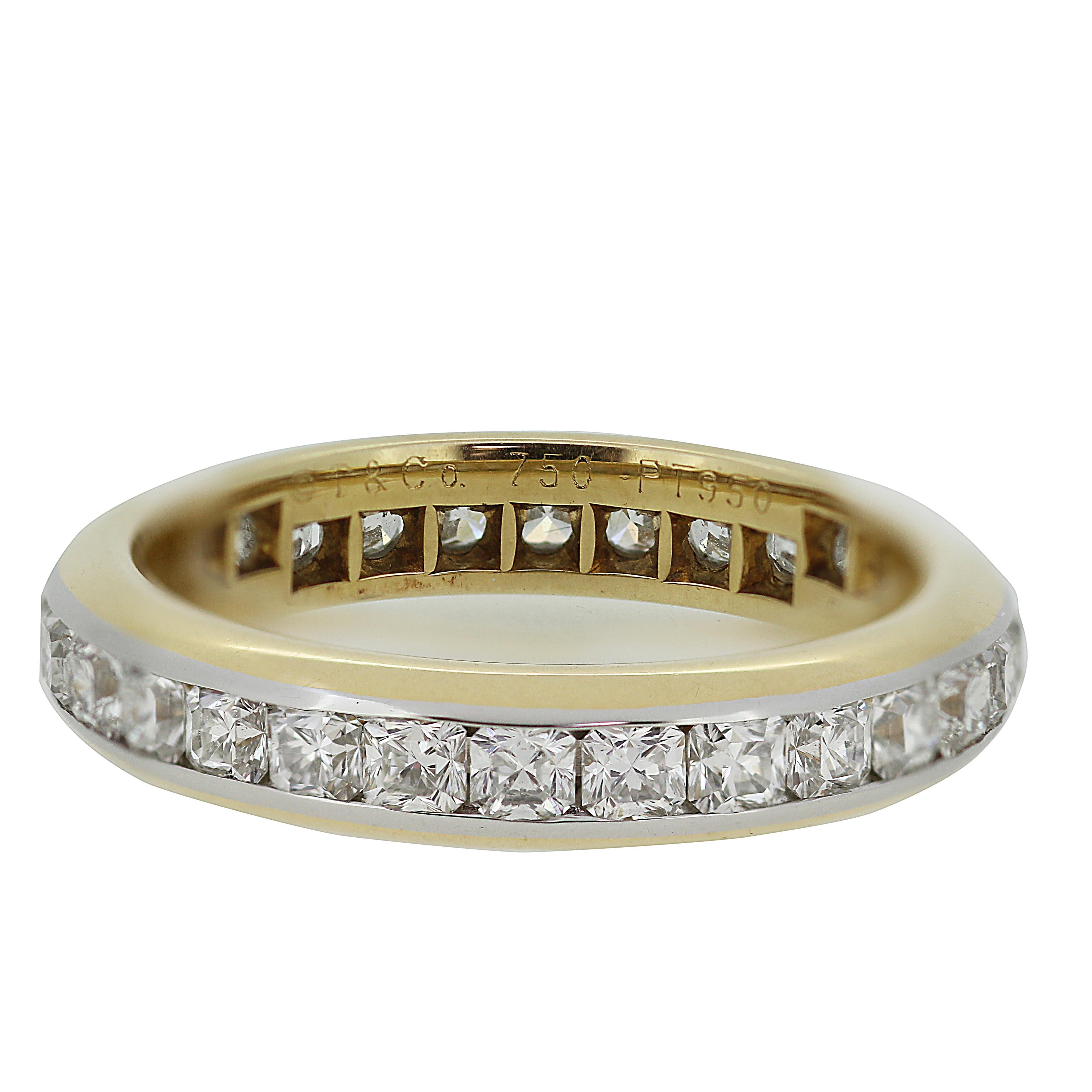 A gorgeous Lucida full eternity ring in 18ct gold and platinum by Tiffany & Co. The ring is set through the centre with 28 Lucida brilliant-cut diamonds.
Total diamond weight 1.37 ct. Assessed colour G/H, Assessed clarity VS. 
The ring comes