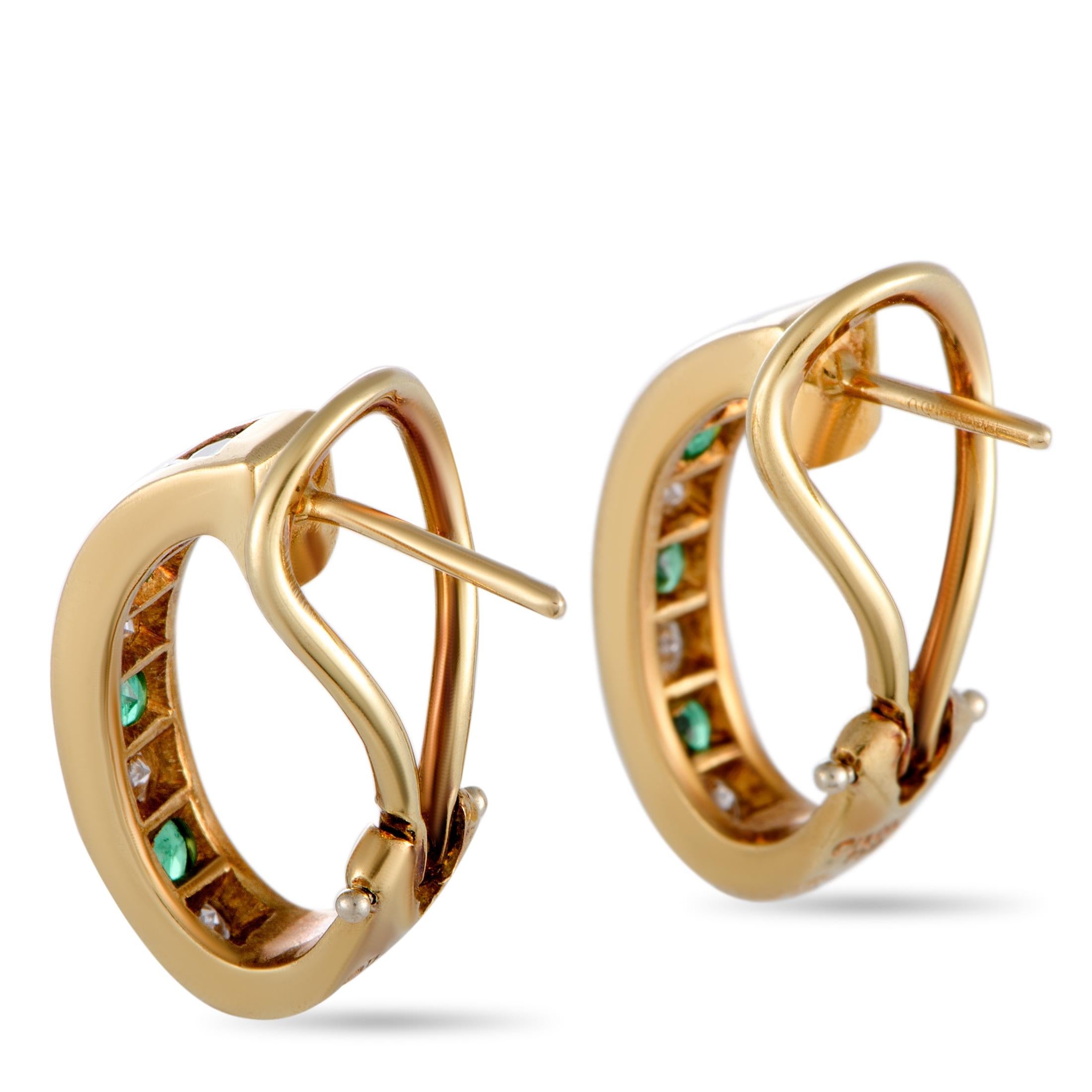 These Tiffany & Co. earrings are crafted from 18K yellow gold and each weighs 3.4 grams, measuring 0.75” in length and 0.15” in width. The earrings are set with emeralds that amount to approximately 0.50 carats, and with a total of 0.48 carats of