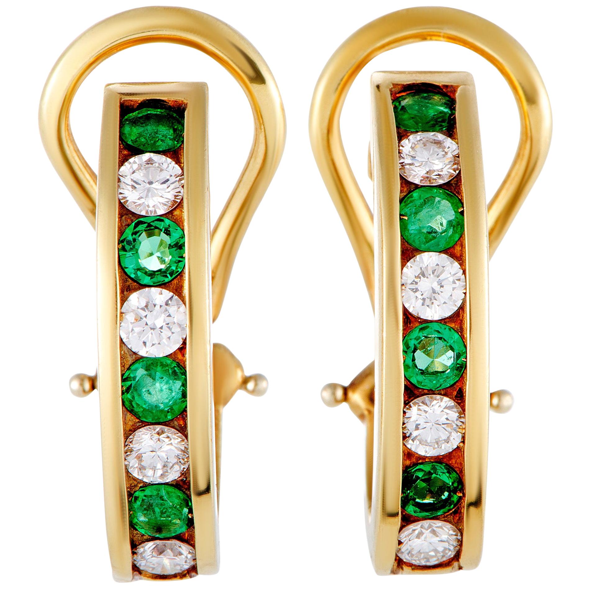 Tiffany & Co. 18 Karat Gold 0.48 Carat Diamond and Emerald Huggie Earrings