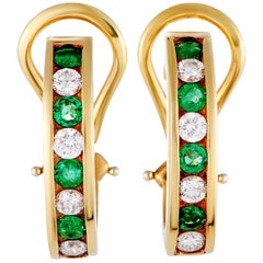 Tiffany & Co. 18 Karat Gold 0.48 Carat Diamond and Emerald Huggie Earrings