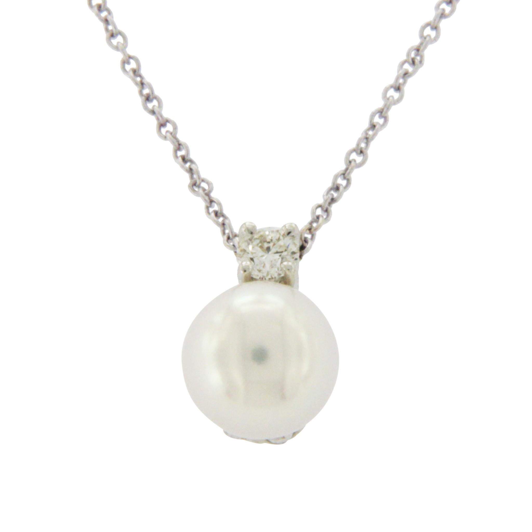 Tiffany & Co. 18 Karat Gold Akoya Pearl 0.10 Carat Diamond Necklace