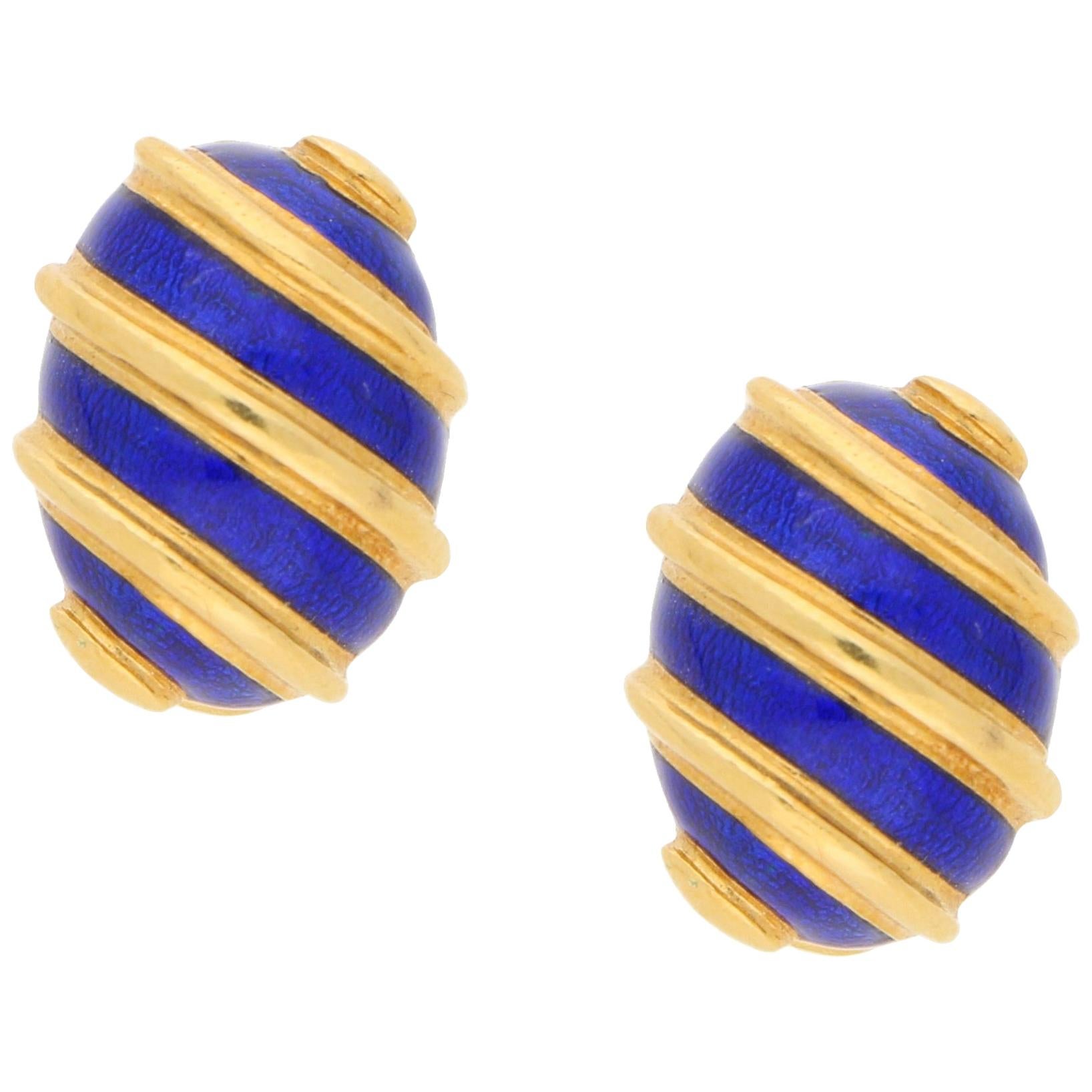 Tiffany 
Co. 18 Karat Gold and Blue Enamel Clip Earrings
