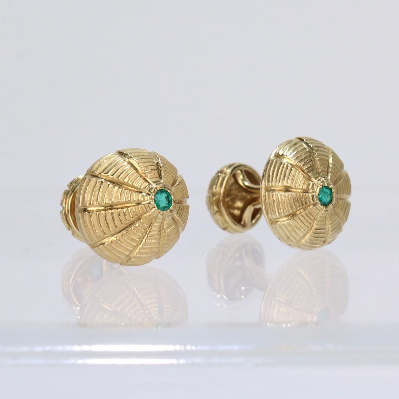 Modernist Tiffany & Co. 18 Karat Gold and Emeralds Taj Mahal Cufflinks, Jean Schlumberger