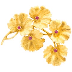 Tiffany & Co. 18 Karat Gold and Ruby Leaves Brooch, circa 1950s