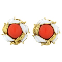 Tiffany & Co. 18 Karat Gold Coral White Enamel Clip-On Vintage Earrings