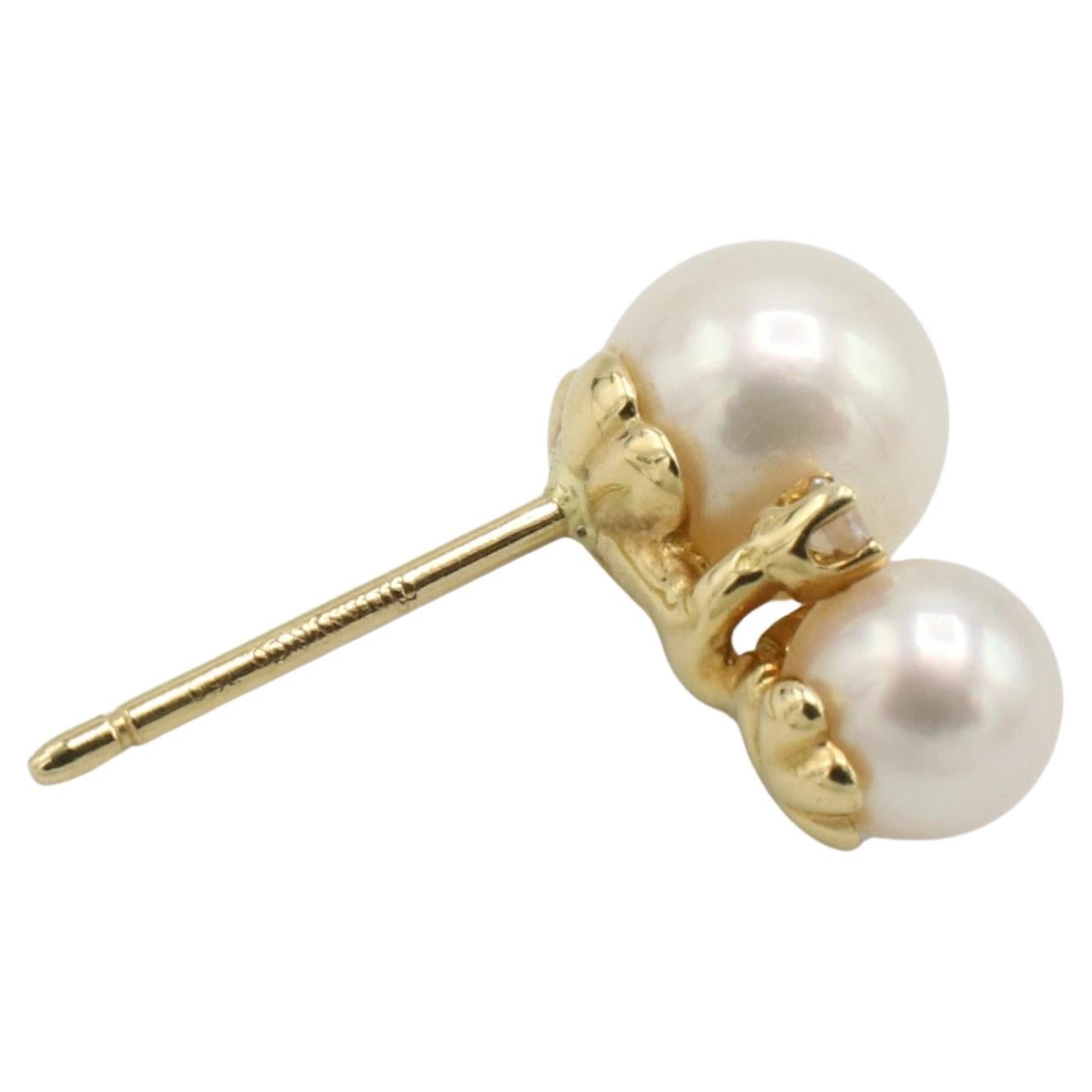 Round Cut Tiffany & Co. 18 Karat Gold Cultured Pearl & Natural Diamond Drop Stud Earrings