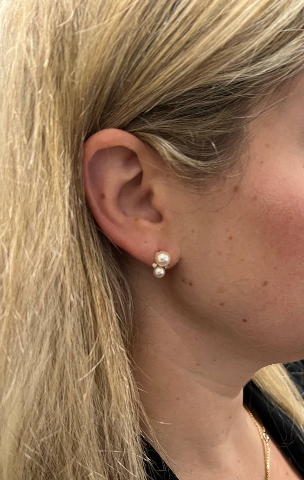 Tiffany & Co. 18 Karat Gold Cultured Pearl & Natural Diamond Drop Stud Earrings In Excellent Condition In  Baltimore, MD