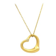 Tiffany & Co 18 Karat Gold Elsa Peretti Open Heart Pendant Necklace 0.04 Carat