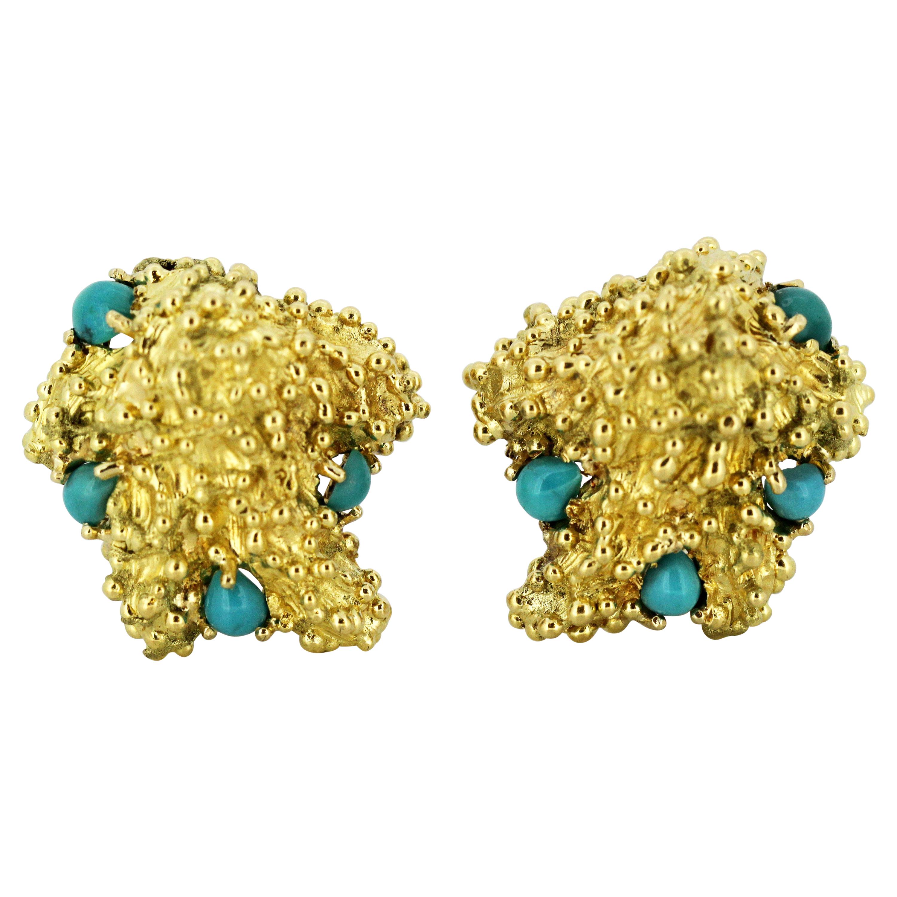 Tiffany & Co., 18 Karat Gold Ladies Clip-On Earrings with Turquoise, Italy 1990s