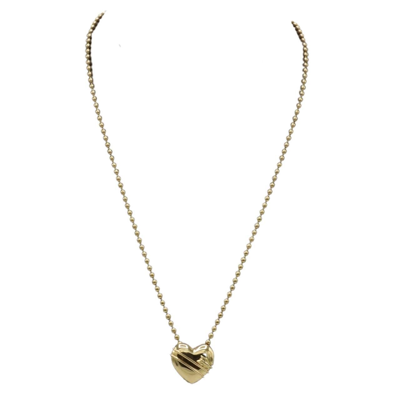 Contemporary Tiffany & Co. 18 Karat Gold Puffed Heart Cupid Arrow Bead Chain Necklace 1994 For Sale
