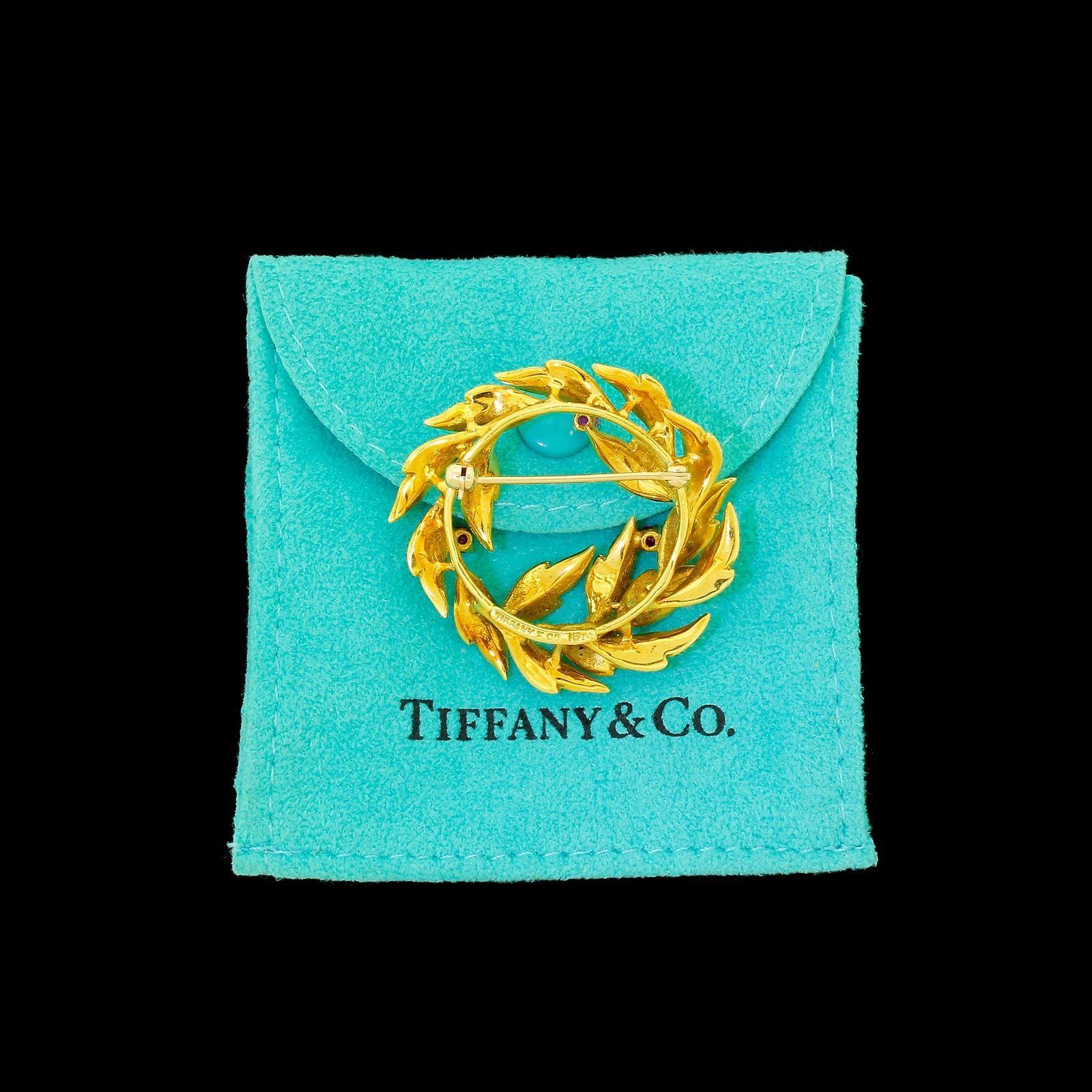 Women's Tiffany & Co. 18 Karat Gold Ruby Leaf Holiday Wreath Pin Brooch Pin 10.75 Grams