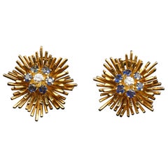 Retro Tiffany & Co. 18 Karat Gold, Sapphire and Diamond Ear Clips, circa 1960s