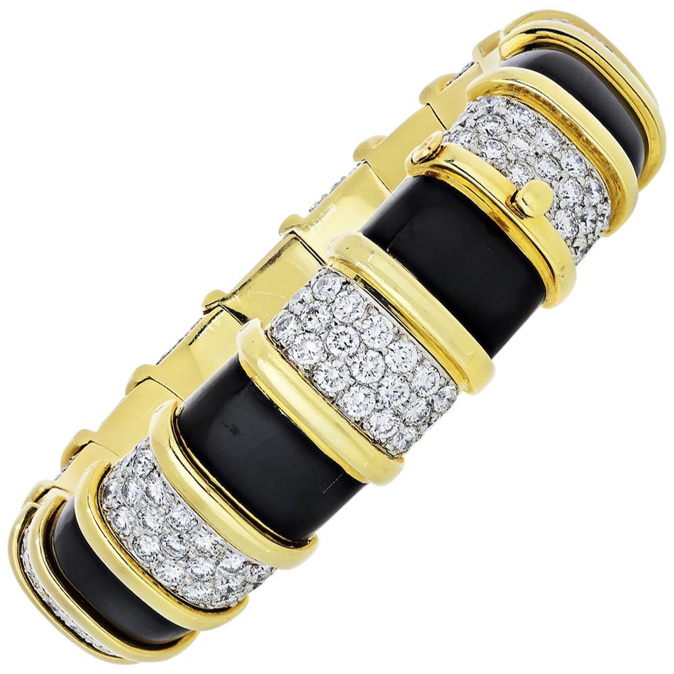 Tiffany & Co. 18 Karat Gold Schlumberger 19 Carat Diamond Black Enamel Bracelet
