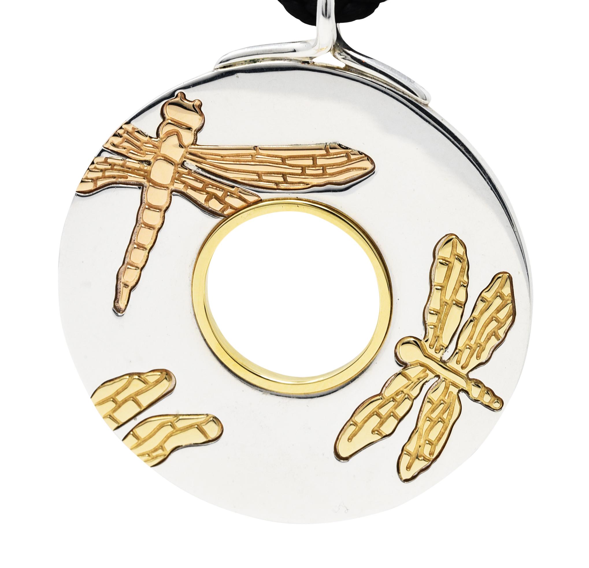 Women's or Men's Tiffany & Co. 18 Karat Gold Sterling Silver Silk Cord Dragonfly Pendant Necklace