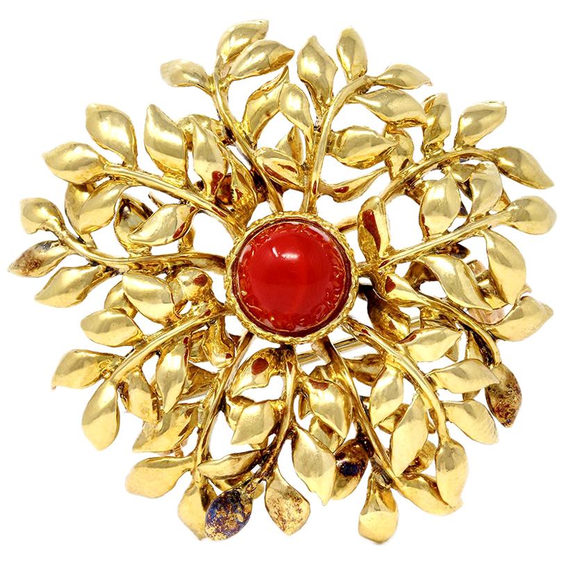 Tiffany & Co. 18 Karat Red Coral and Yellow Gold Brooch For Sale