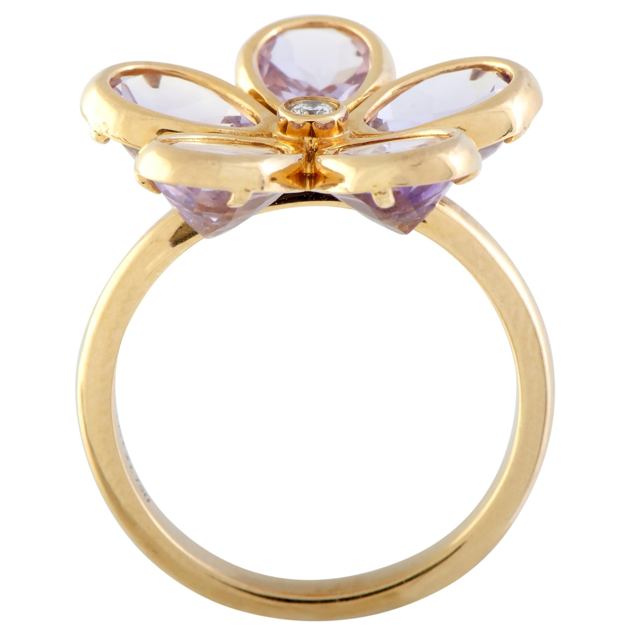 The gracefully feminine and enticingly gentle floral motif is provided delightful color by the wonderful amethysts while the charming central diamond lends its timeless resplendence to this brilliantly designed and expertly crafted 18K rose gold