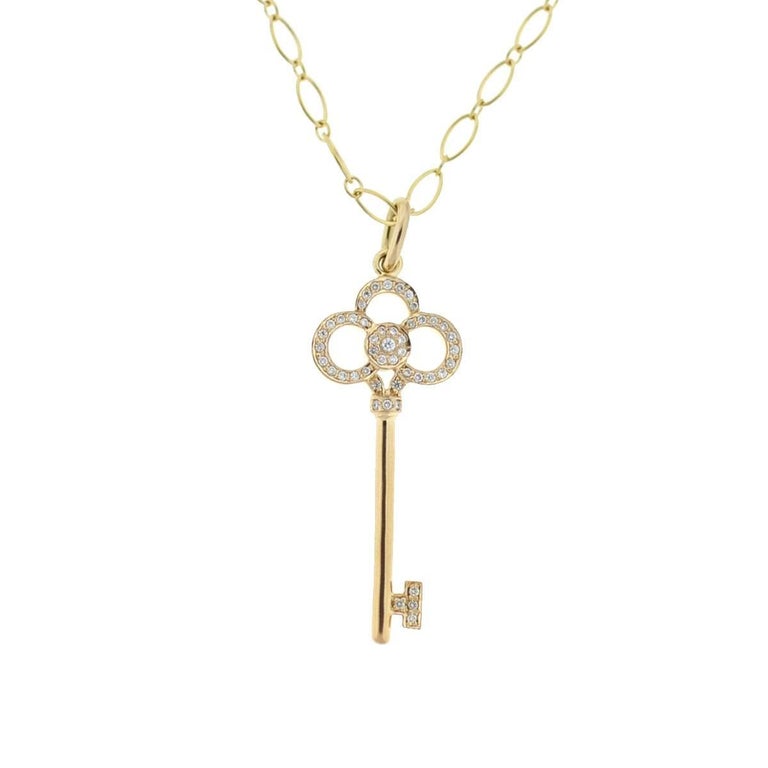 Tiffany and Co. 18 Karat Rose Gold Diamond Crown Key Pendant Necklace ...