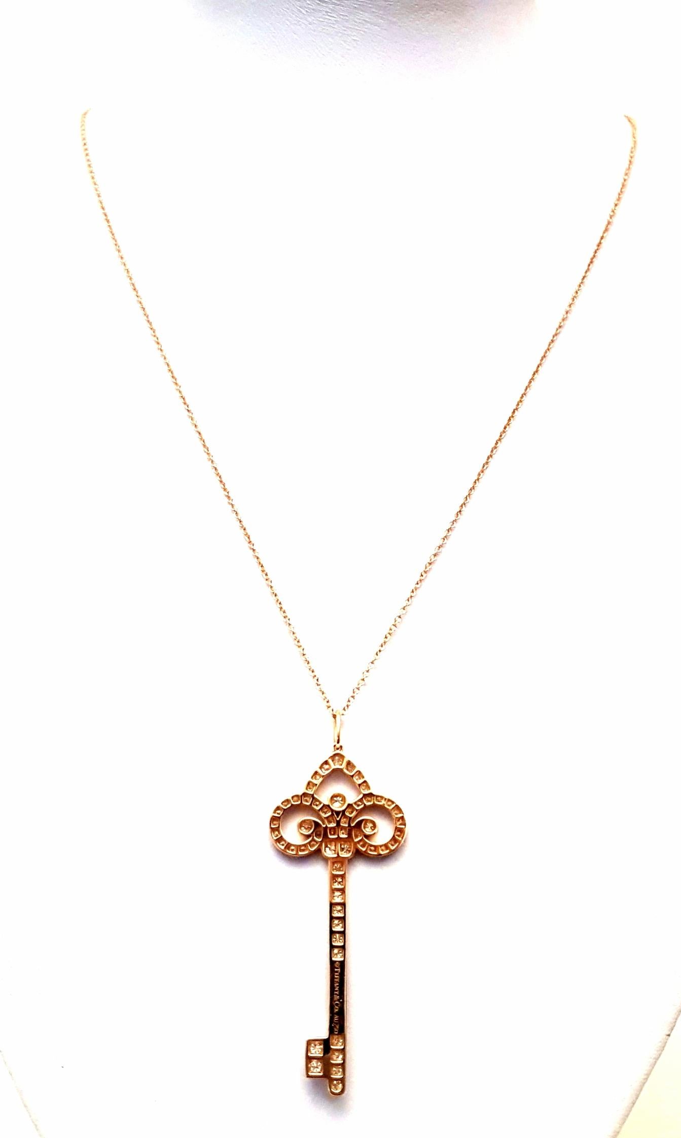 Tiffany & Co. 18 Karat Rose Gold Diamond Fleur-de-Lis Diamond Key Necklace For Sale 2