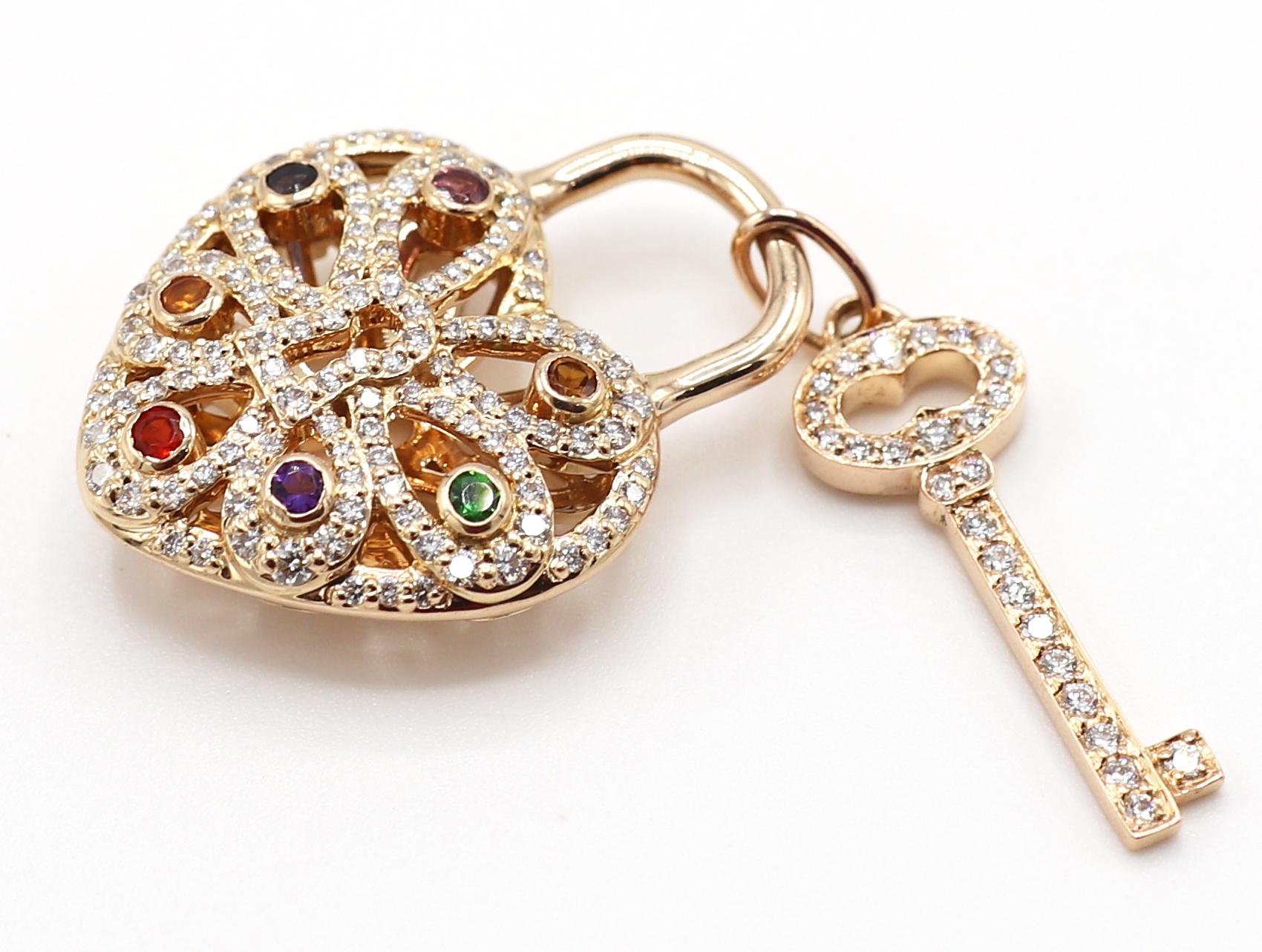 Modern Tiffany & Co. 18 Karat Rose Gold Diamond Multi Gemstone Heart & Key Pendant