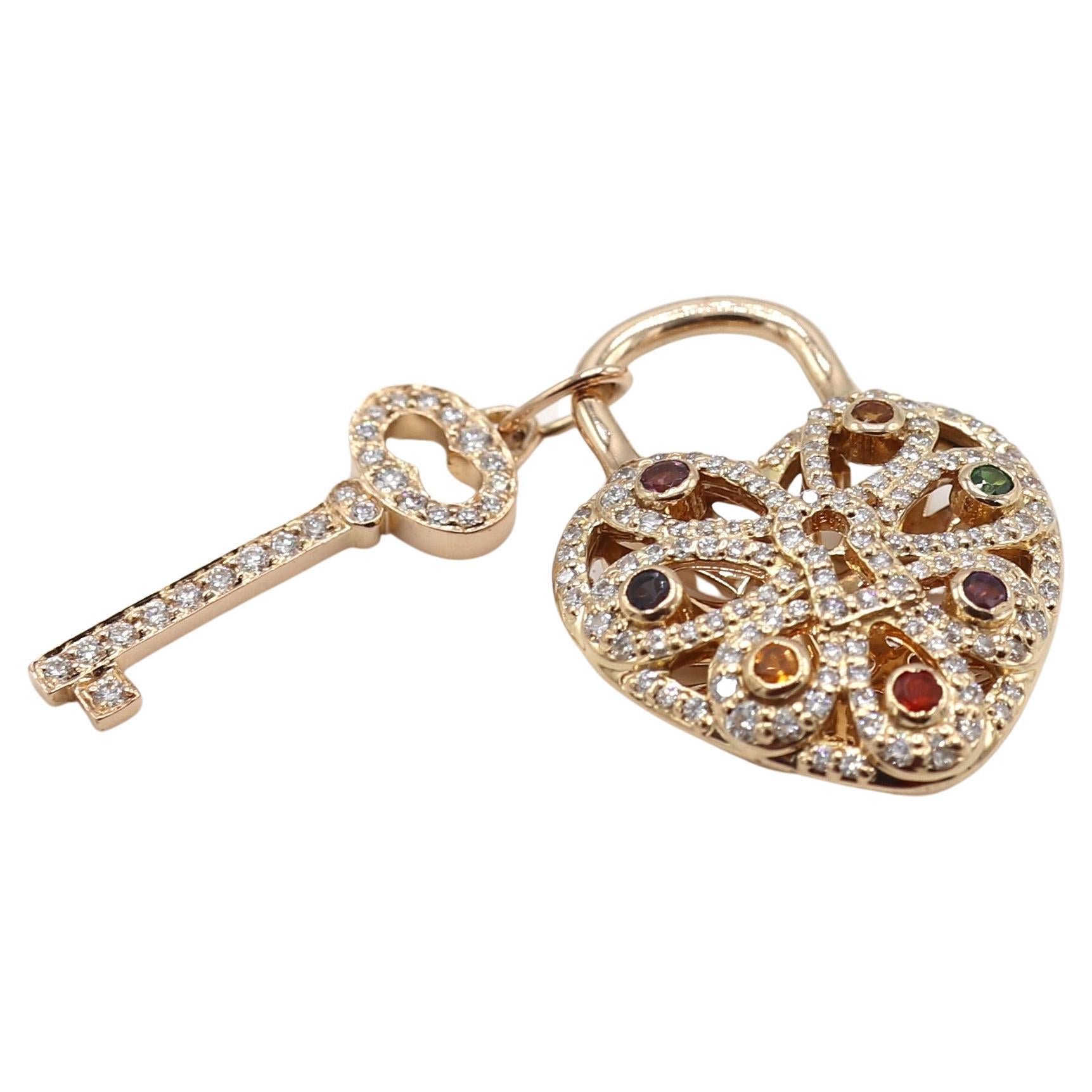 Tiffany & Co. 18 Karat Rose Gold Diamond Multi Gemstone Heart & Key Pendant