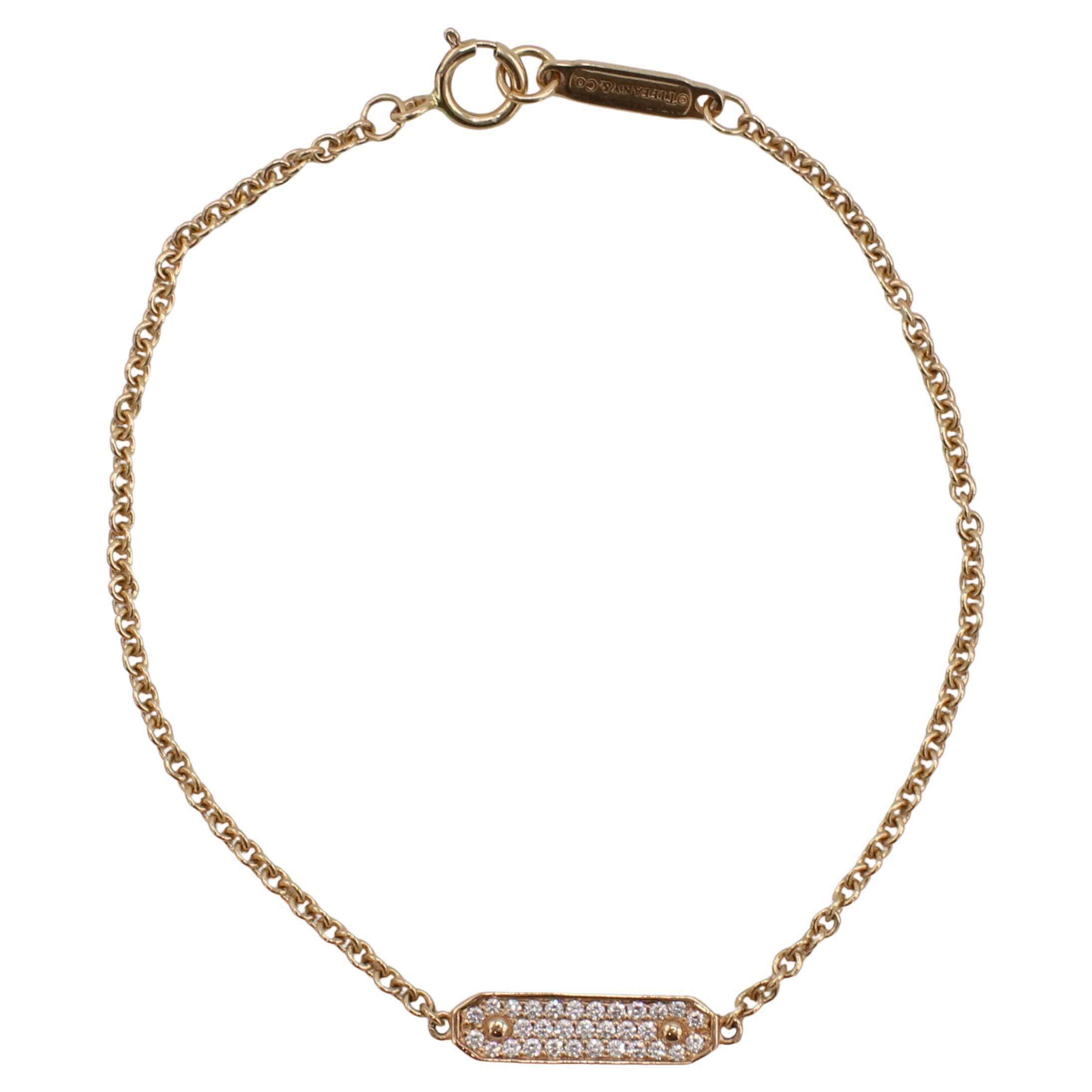 Tiffany & Co. 18 Karat Rose Gold Pavé Natural Diamond Bar Tag Station Bracelet For Sale