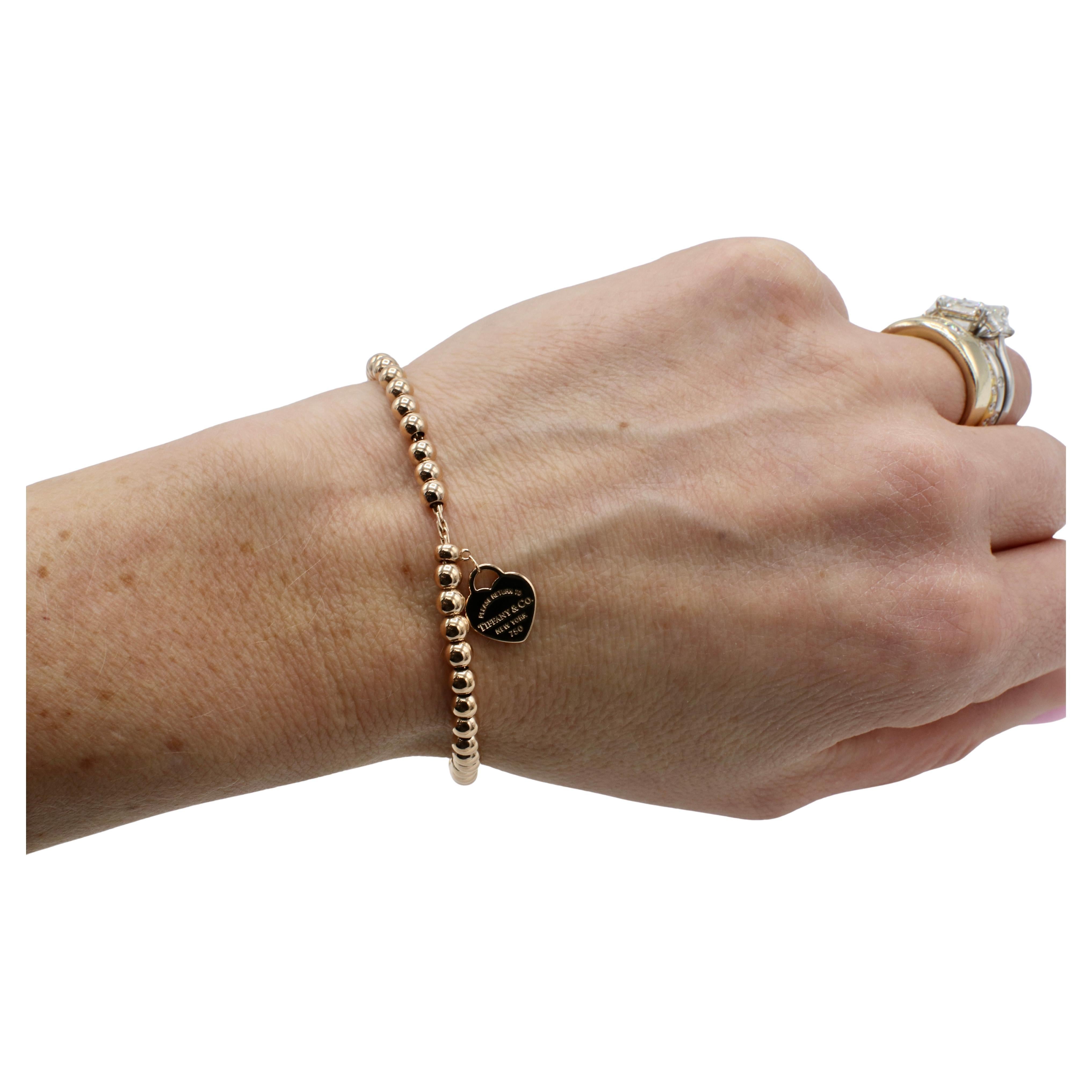 Tiffany & Co. 18 Karat Rose Gold Return To Tiffany Heart Charm Bead Bracelet In Excellent Condition For Sale In  Baltimore, MD