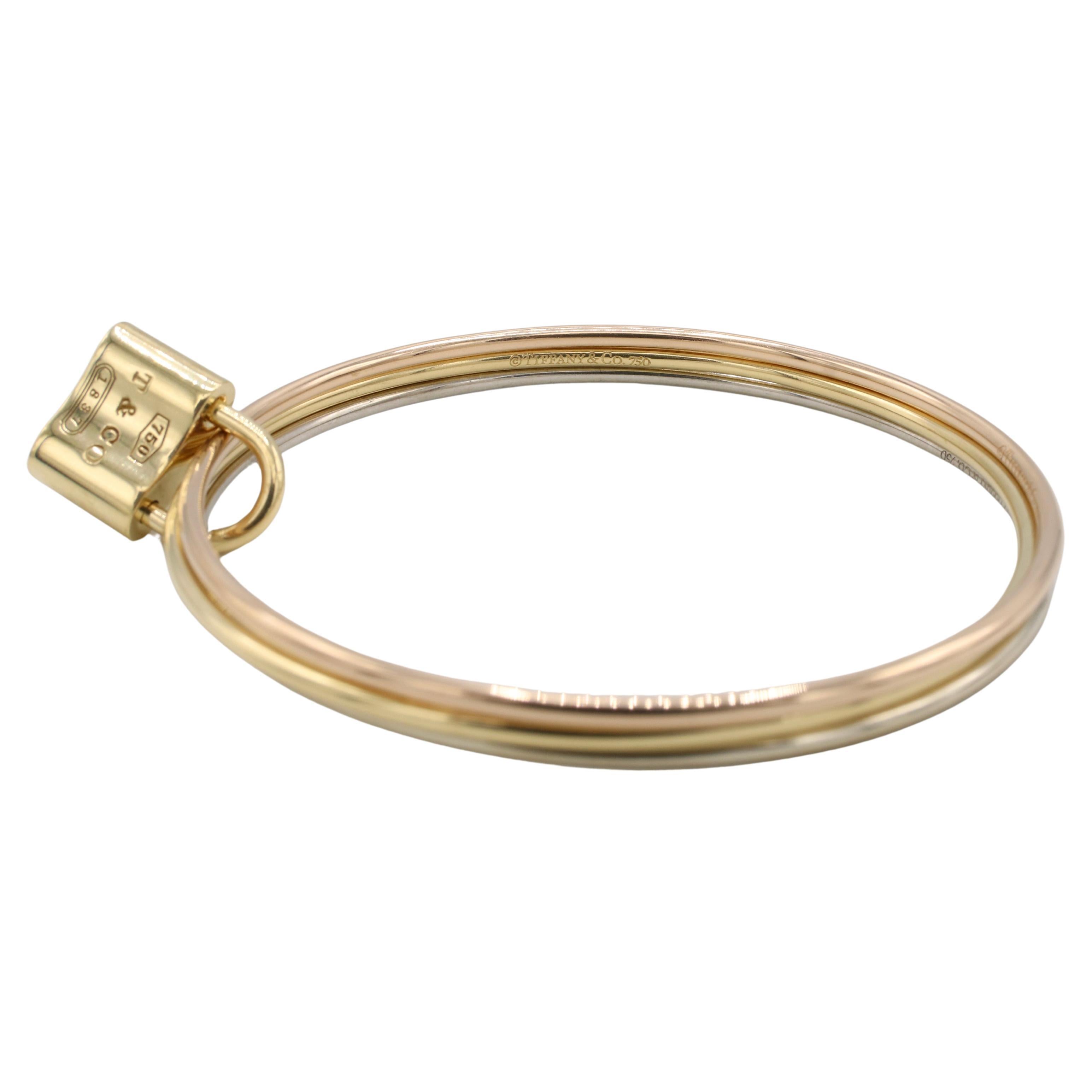 Modern Tiffany & Co. 18 Karat Tri-Color Three Bangle 1837 Lock Bracelet