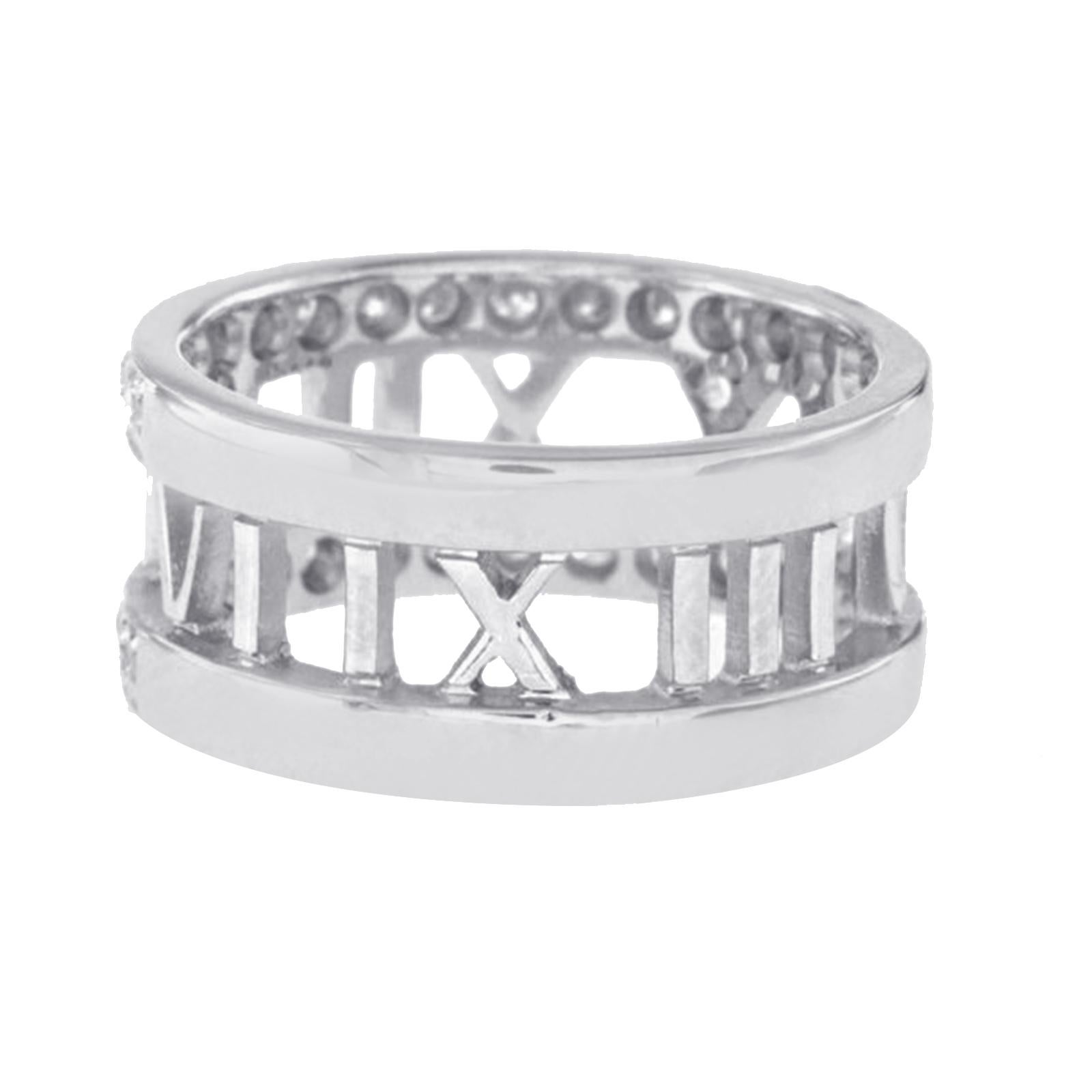 Top: 9 mm
Band Width: 9 mm
Metal: 18K White Gold 
Size: 6
Hallmarks: Tiffany & Co 750 (2003)
Total Weight: 6.8 Grams
Stone Type: Diamonds 0.58 CT
Condition: Pre Owned
Estimated Retail Price: $5200
Stock Number: U421