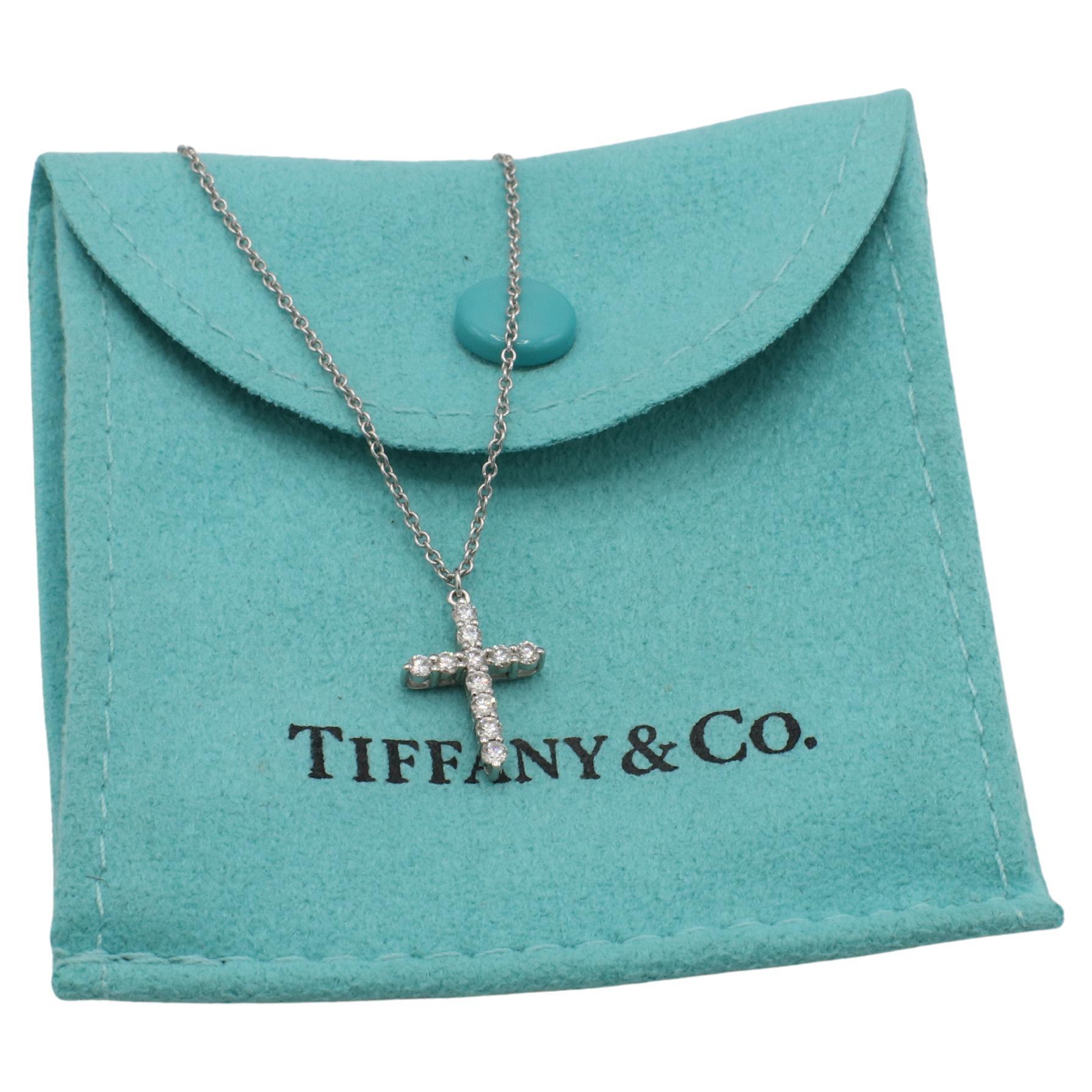 Modern Tiffany & Co. 18 Karat White Gold Cross Natural Diamond Pendant Necklace