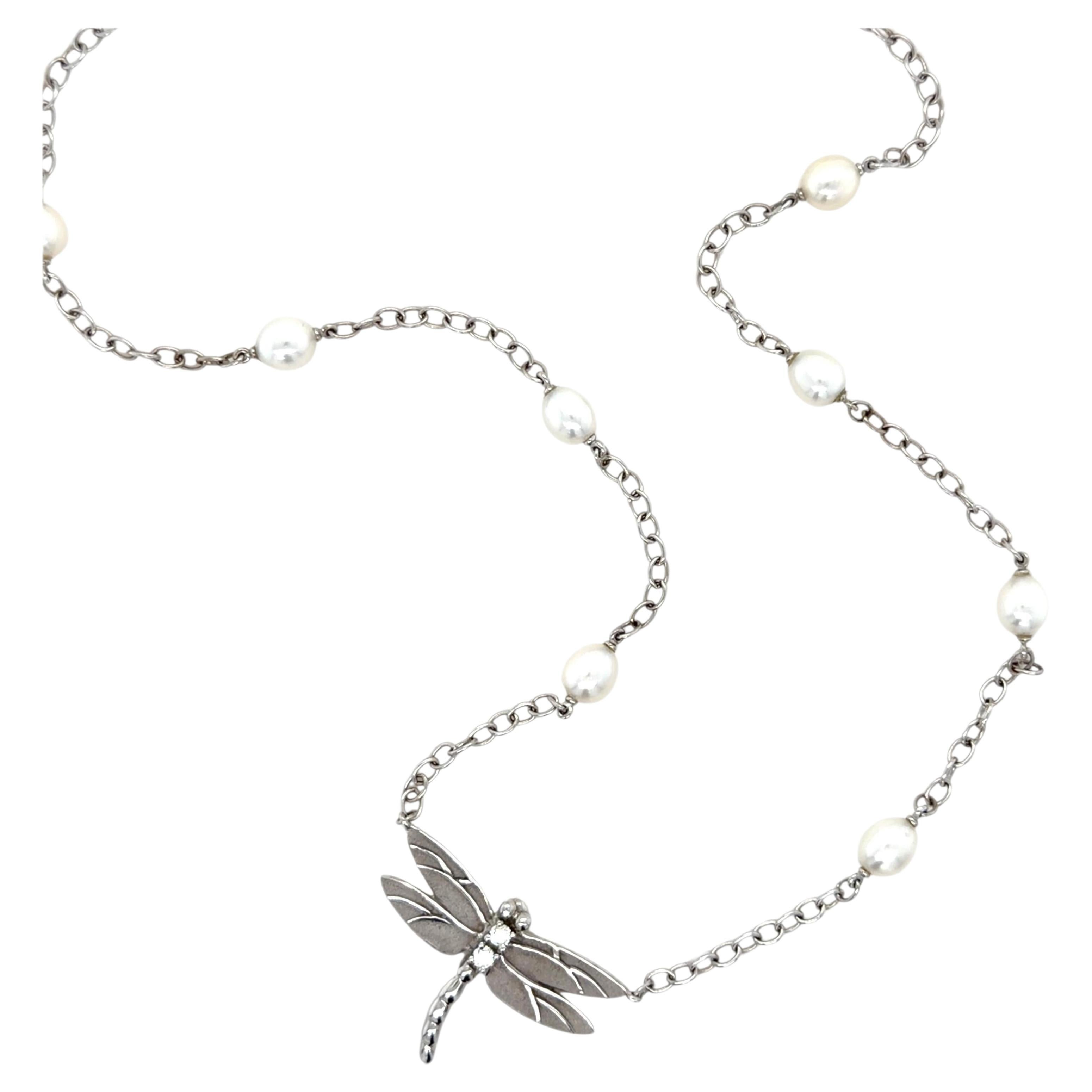 Tiffany & Co. 18 Karat White Gold Diamond and Cultured Pearl Dragonfly Necklace