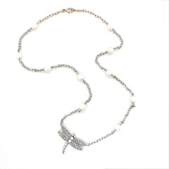 Tiffany & Co. 18 Karat White Gold Diamond and Pearl Dragonfly Necklace