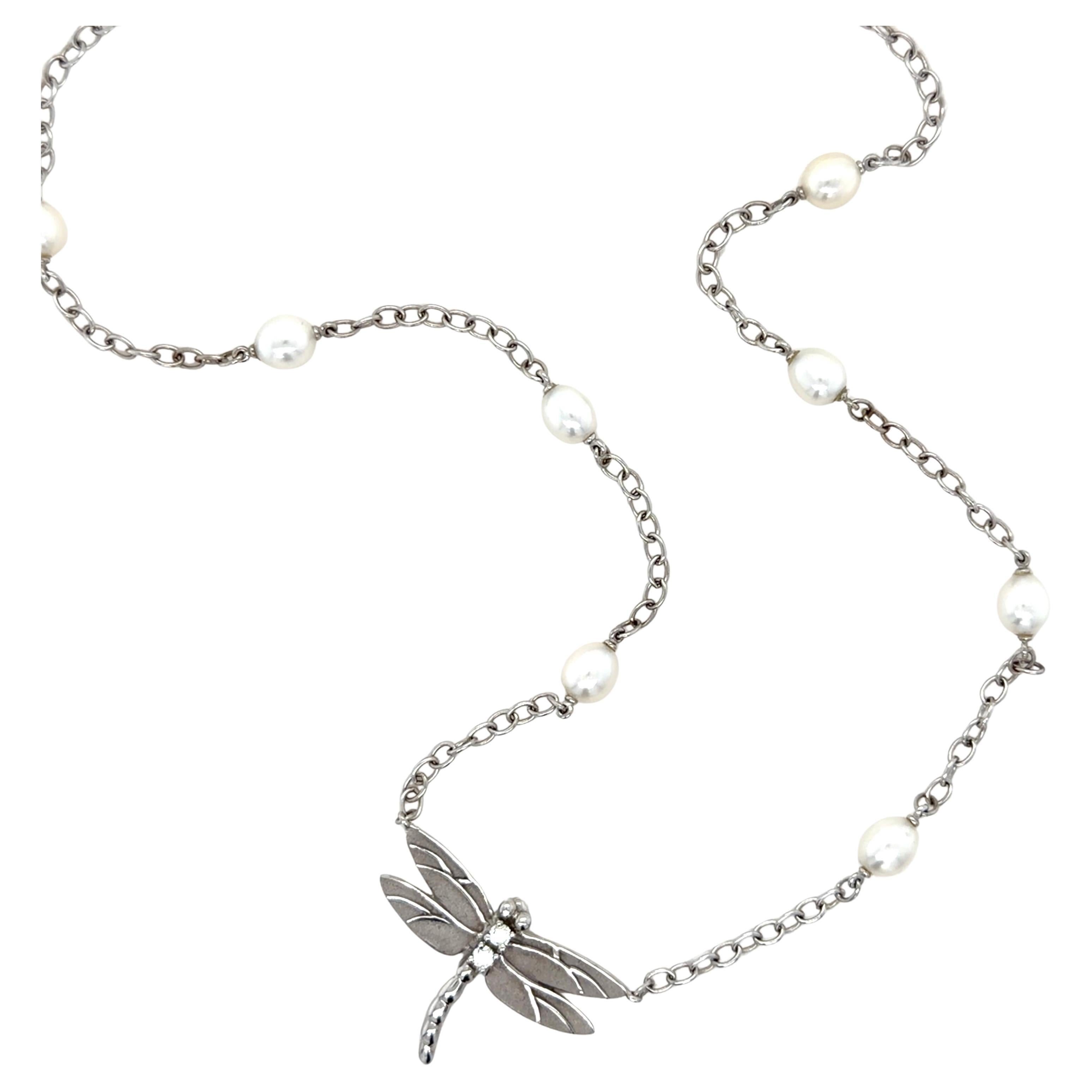 Tiffany & Co. Collana Dragonfly in oro bianco 18 carati con diamanti e perle in vendita