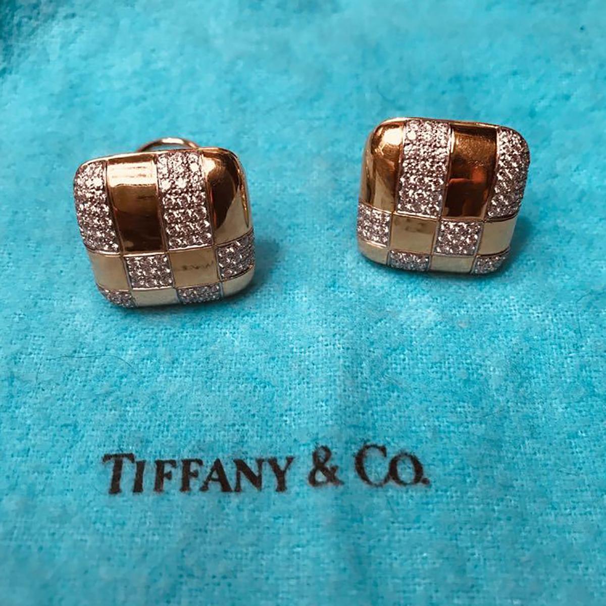 Tiffany & Co. 18 Karat Yellow Gold and Diamond Checkerboard Earrings 8