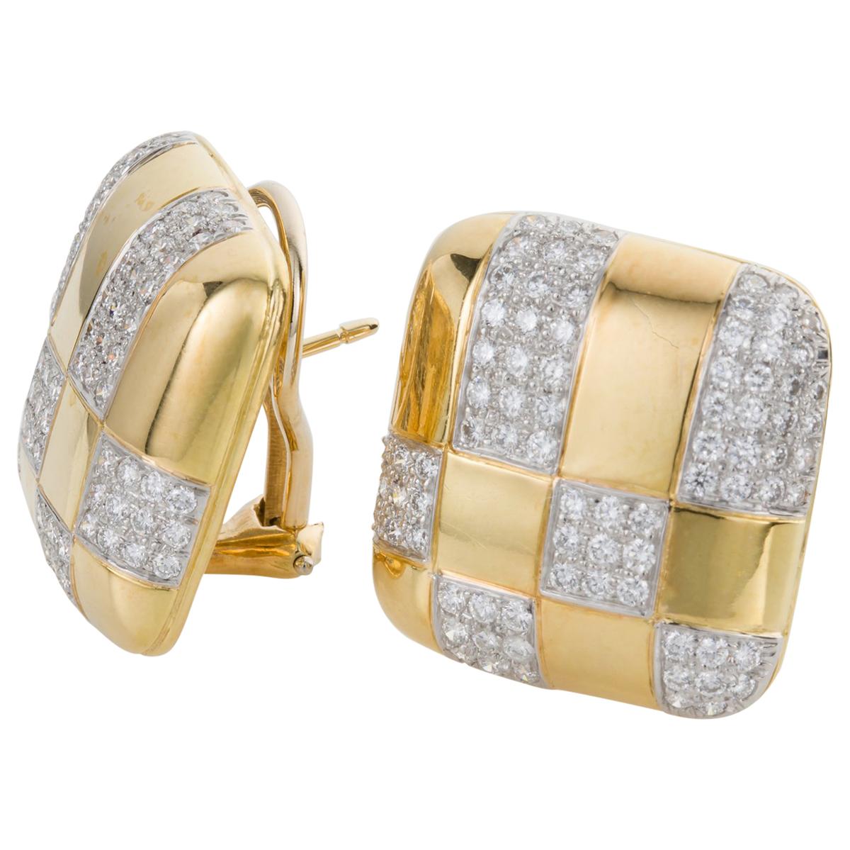 Stylish and sophisticated, Tiffany & Co 18k yellow gold, platinum and diamond earrings work so well with any outfit. Each of cushion shaped yellow gold outline, enhanced by a diamond set woven pattern with yellow gold and platinum, showcasing 166