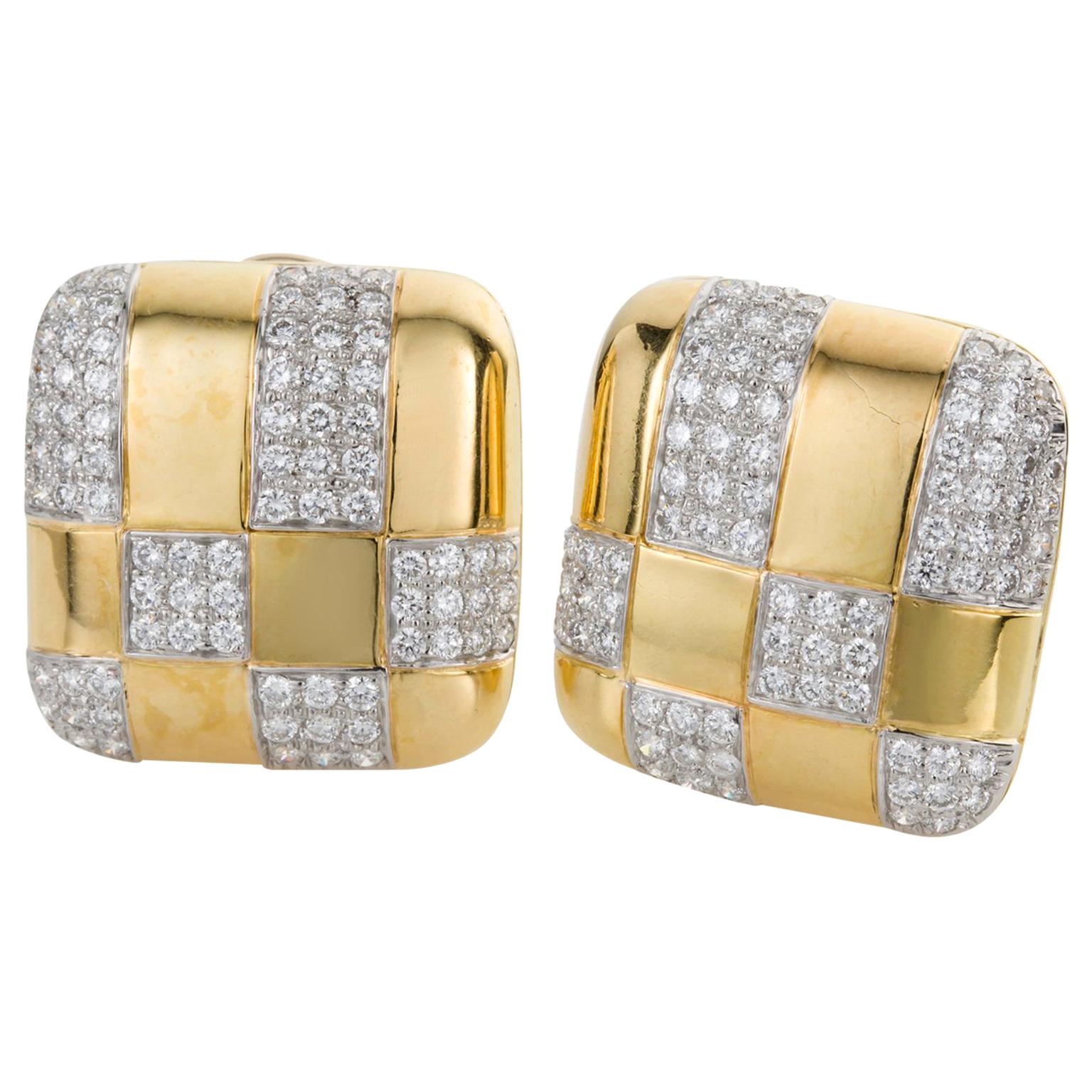 Tiffany & Co. 18 Karat Yellow Gold and Diamond Checkerboard Earrings