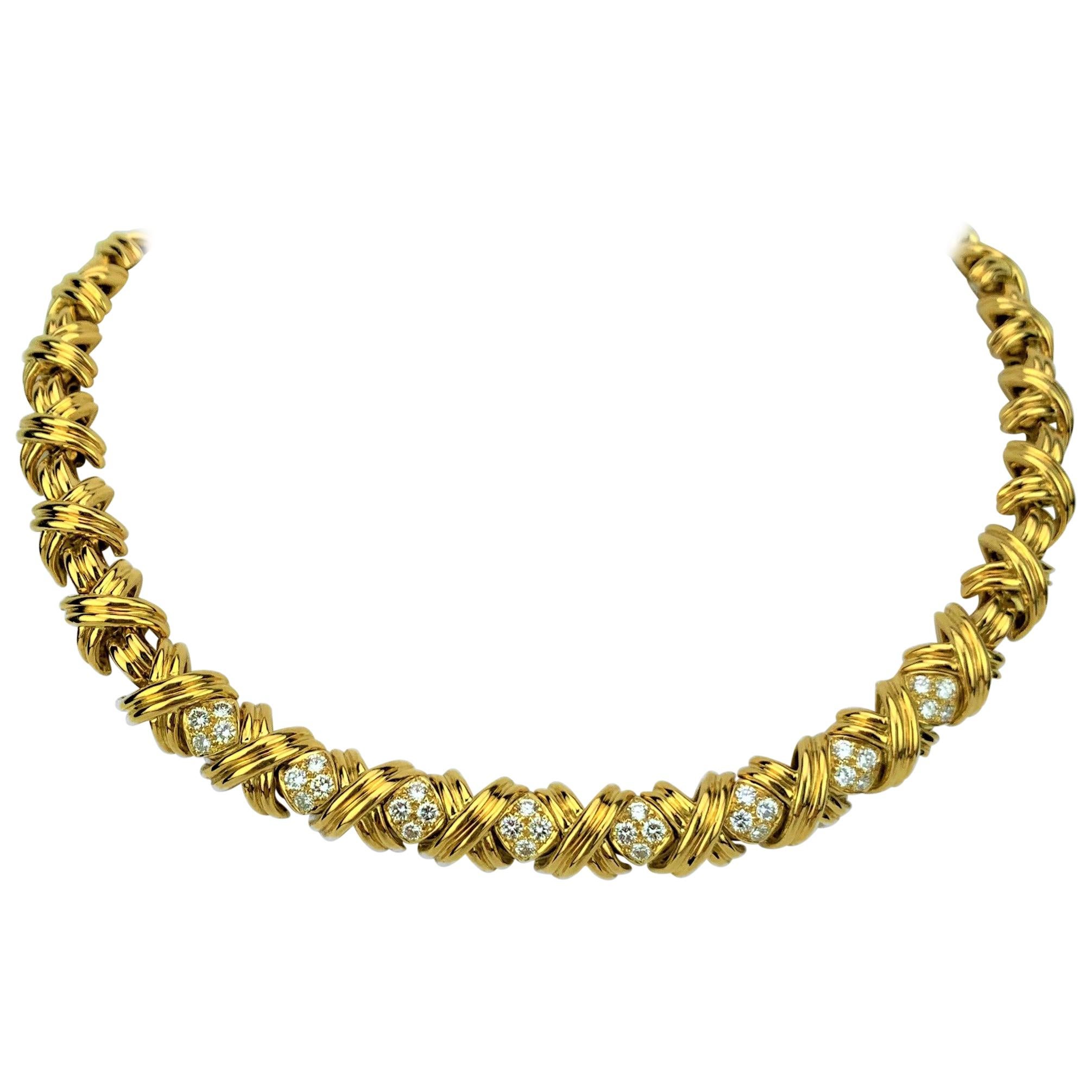 Tiffany & Co. 18 Karat Yellow Gold and Diamond X Link Collar Necklace