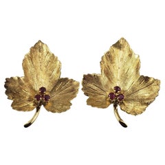 Tiffany & Co. 18 Karat Yellow Gold and Ruby Clip On Leaf Earrings #18144