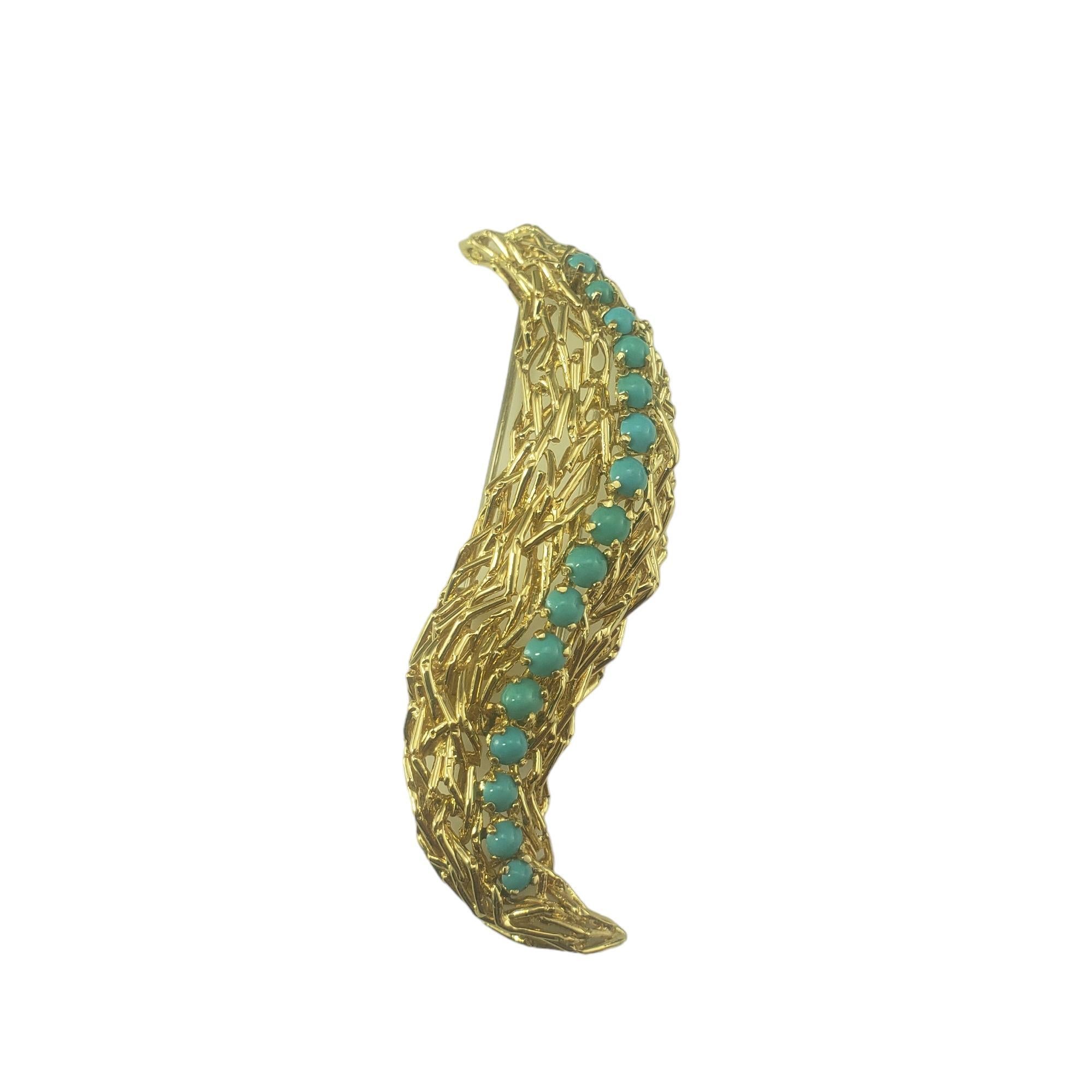 Vintage Tiffany & Co. 18 Karat Yellow Gold and Turquoise Brooch/Pin-

This magnificent brooch by Tiffany & Co. features 16 turquoise stones set in beautifully detailed 18K yellow gold.  

Size: 2.8 inches x .70 inches

Hallmark:  Tiffany & Co. 